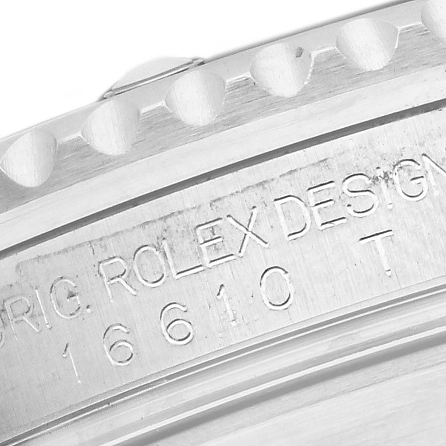 Close-up of the engraved side of the Rolex Submariner 16610 T Men
s Stainless Steel Black Dial 16610 T Men
s Stainless Steel Black Dial model, showing the model number "16610".
