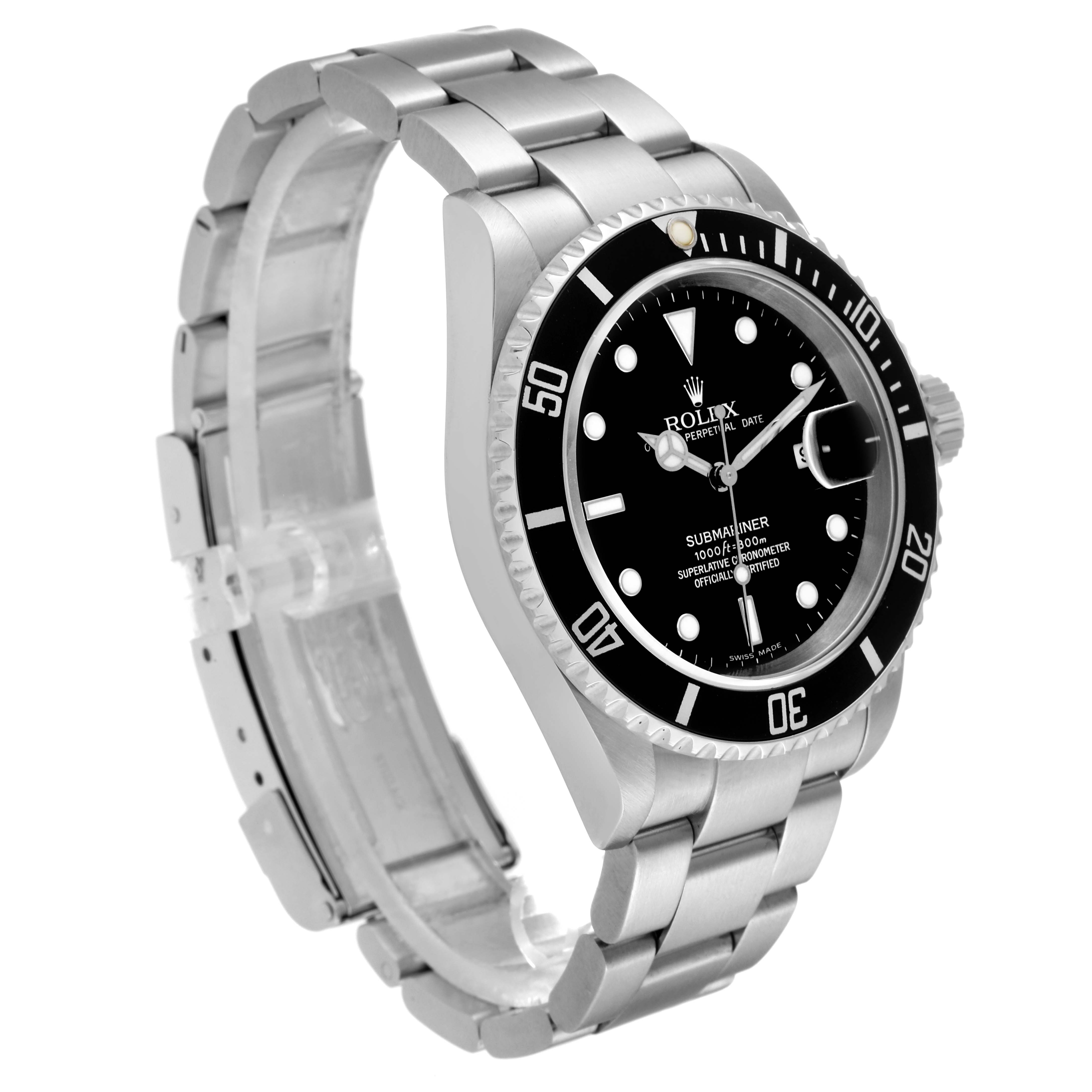 This image shows a side-angle view of a Rolex Submariner 16610 Men's Stainless Steel Black Dial 16610 Men's Stainless Steel Black Dial watch, featuring the bracelet, case, bezel, and dial.
