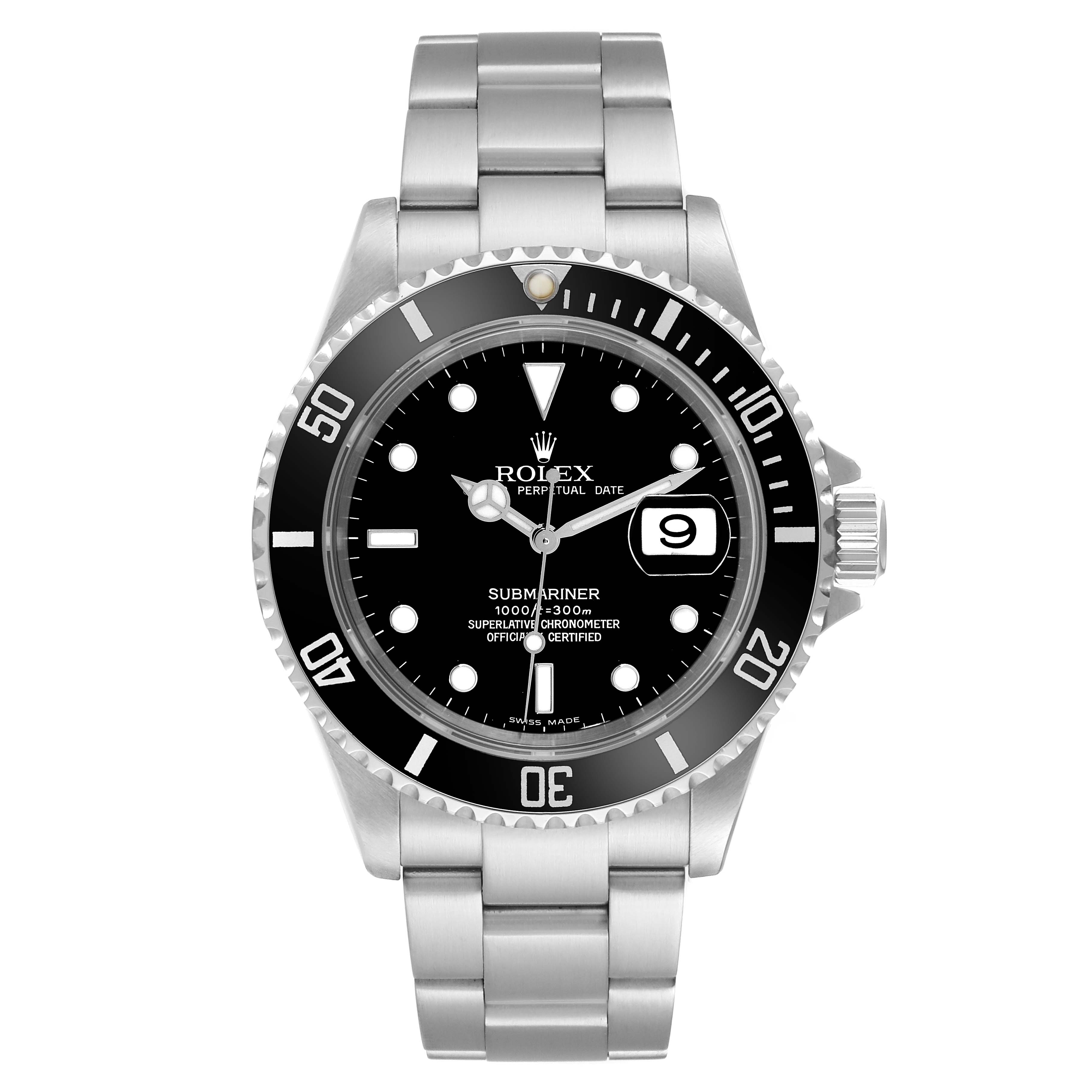 The image shows a front view of the Rolex Submariner 16610 Men's Stainless Steel Black Dial 16610 Men's Stainless Steel Black Dial, displaying its black dial, bezel, and stainless steel bracelet.