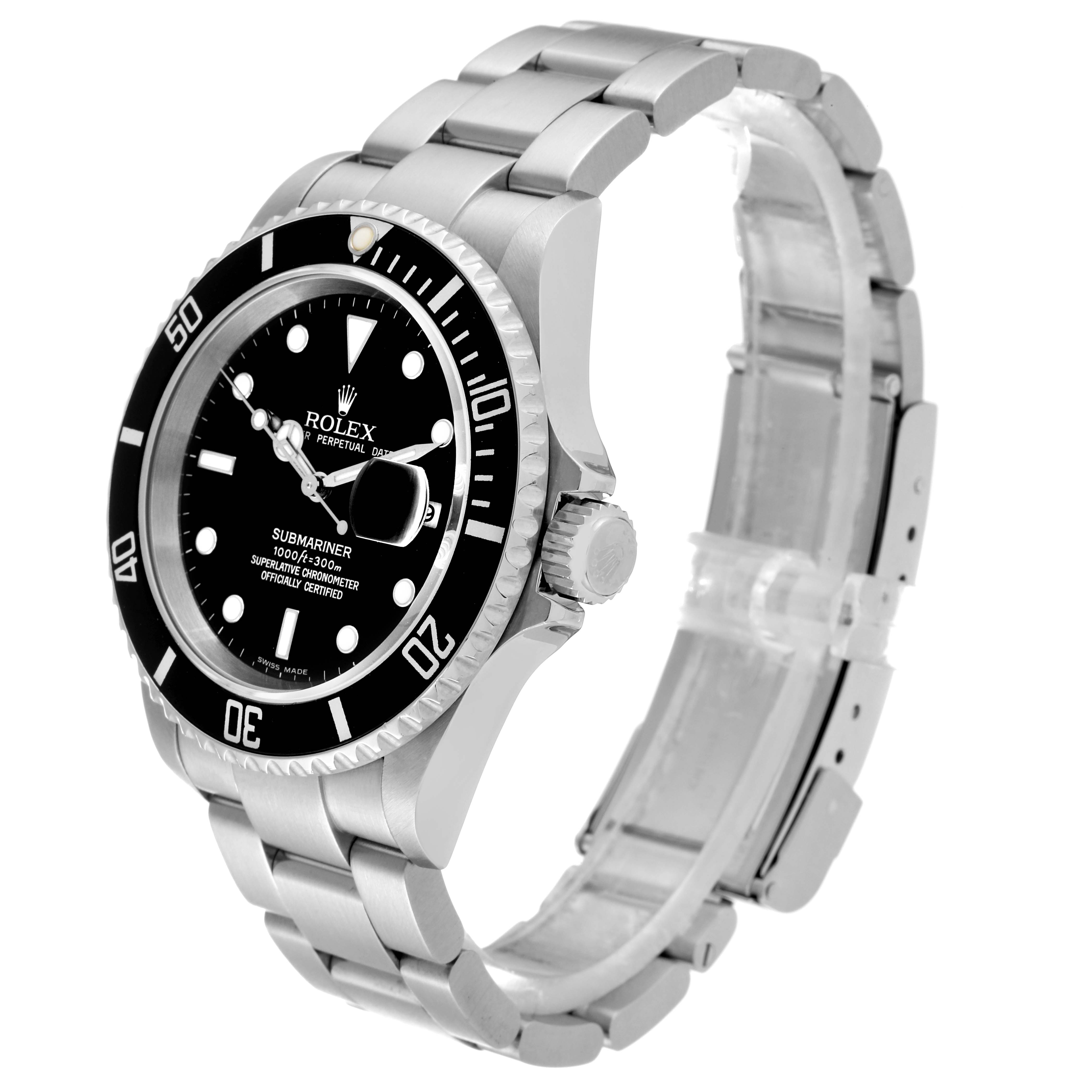 The Rolex Submariner 16610 Men's Stainless Steel Black Dial 16610 Men's Stainless Steel Black Dial watch is shown at a three-quarter angle, revealing the face, bezel, crown, and bracelet.