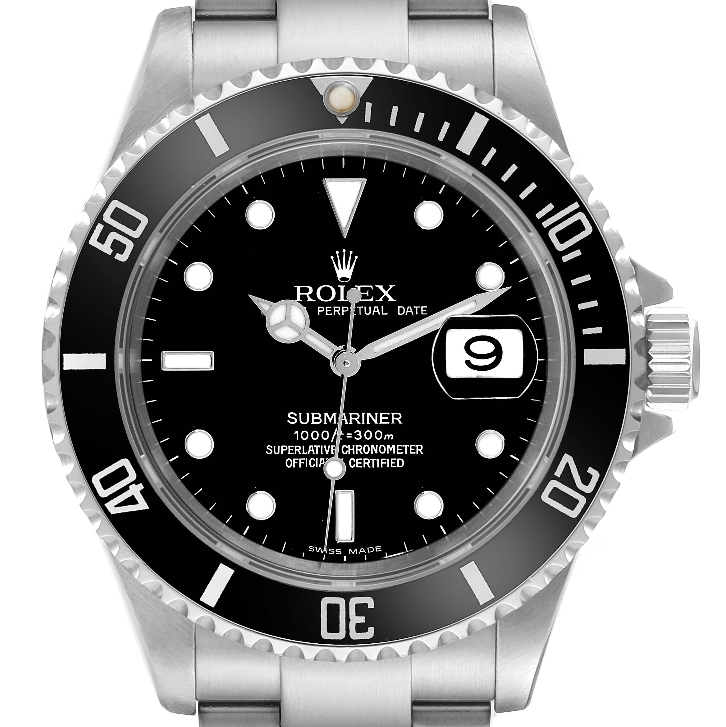 The image shows a front view of the Rolex Submariner 16610 Men's Stainless Steel Black Dial 16610 Men's Stainless Steel Black Dial watch, highlighting the dial, bezel, and part of the bracelet.
