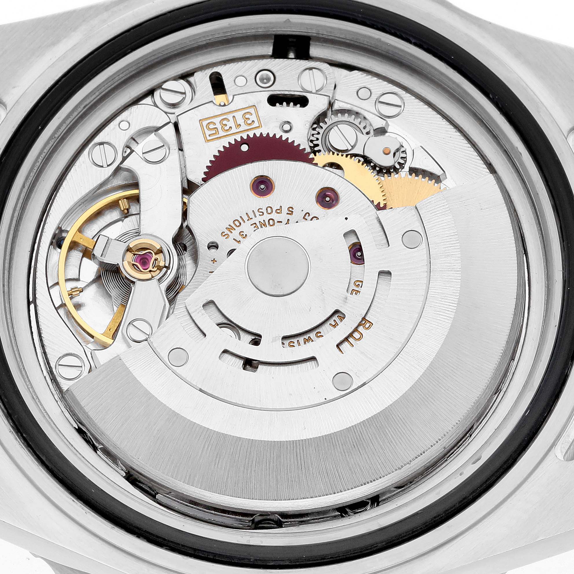 This image shows the internal mechanism of a Rolex Submariner 16610 Men's Stainless Steel Black Dial 16610 Men's Stainless Steel Black Dial watch from a close-up, top-down angle.