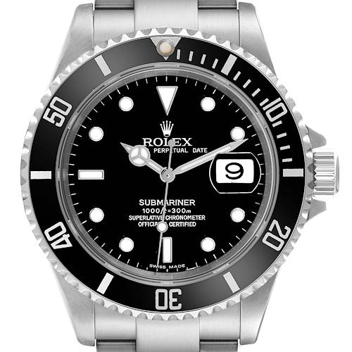 This image shows a Rolex Submariner watch from the front, highlighting the bezel, dial, hands, date window, and bracelet.