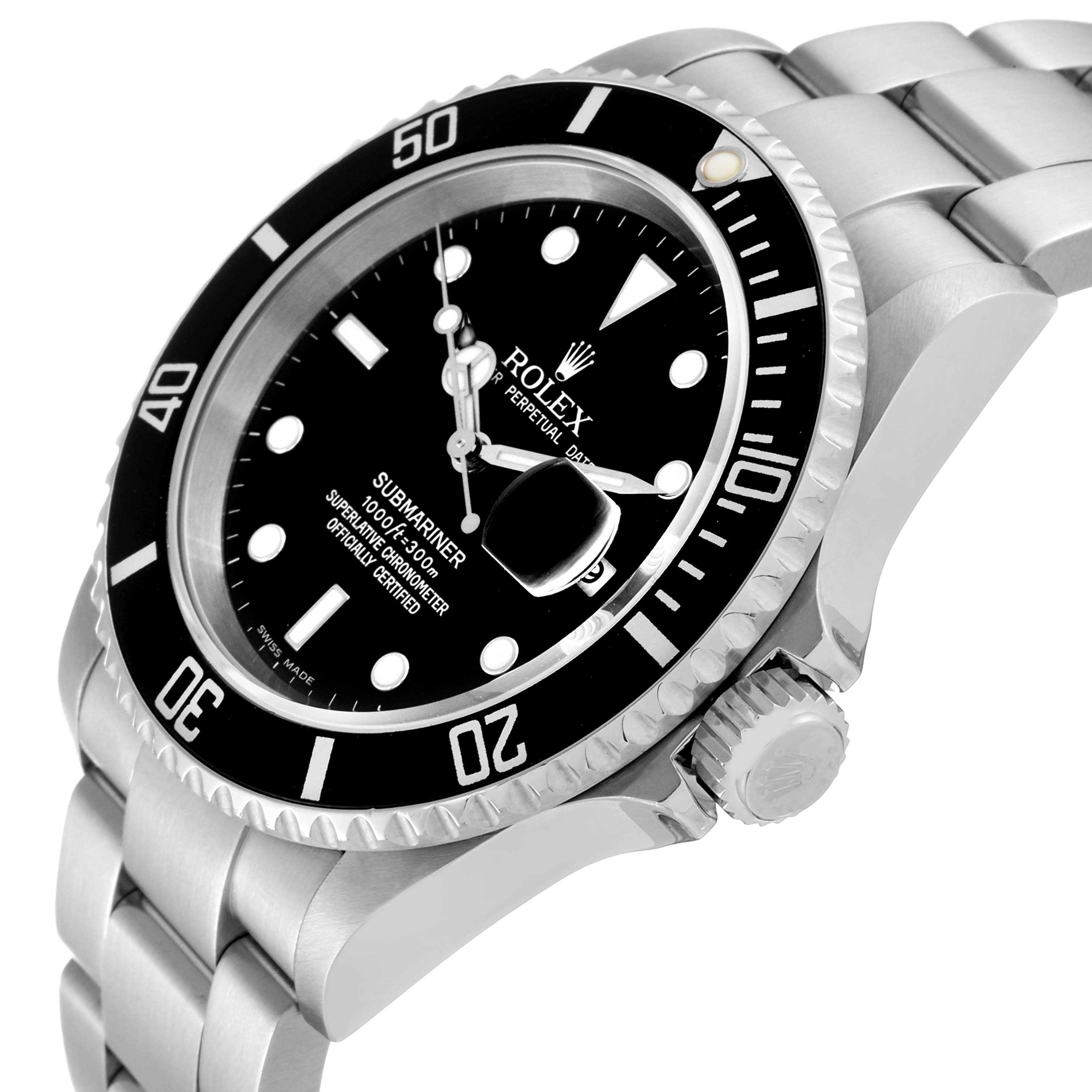 This image shows a Rolex Submariner 16610 Men's Stainless Steel Black Dial 16610 Men's Stainless Steel Black Dial watch at an angle highlighting the dial, bezel, crown, and bracelet.