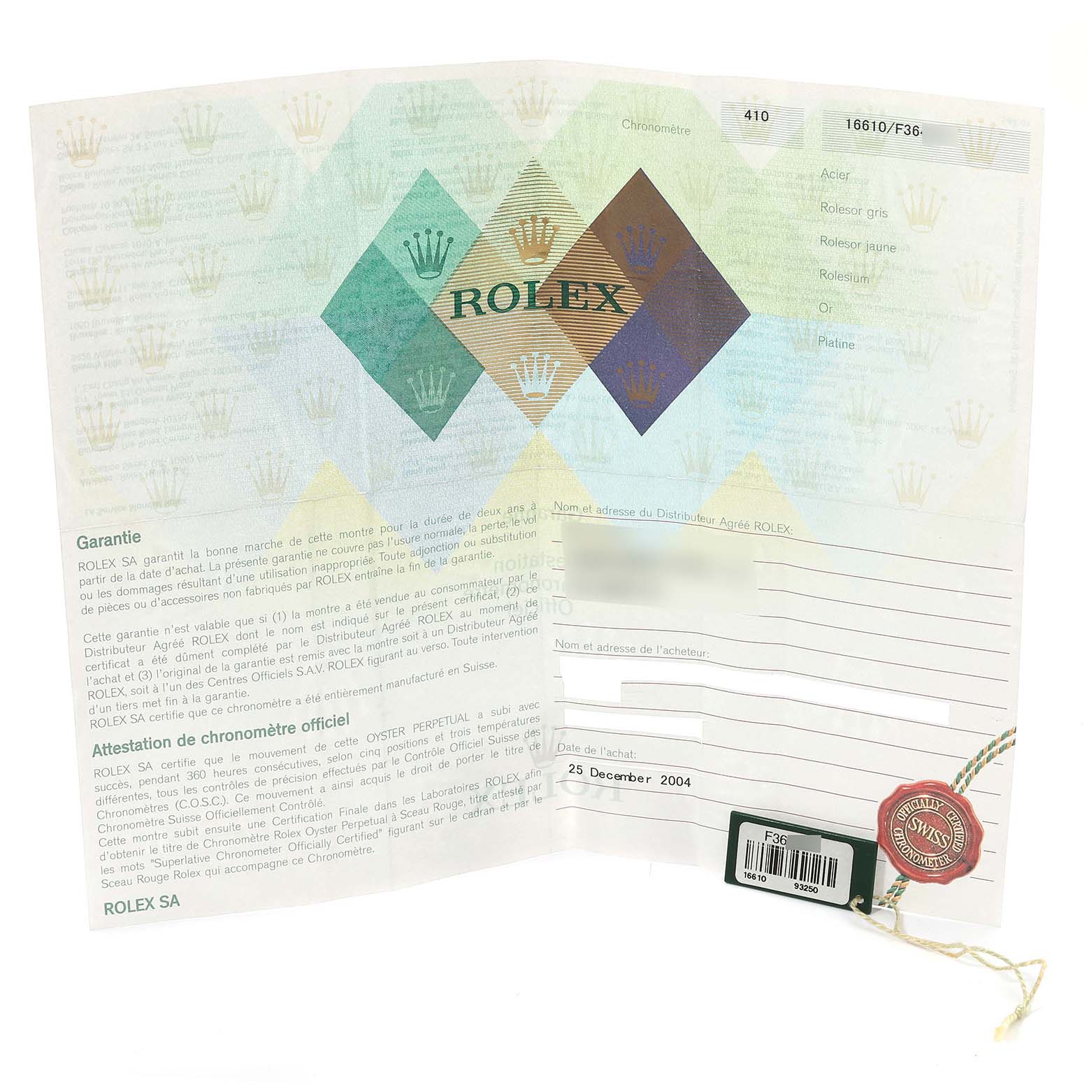 This image shows the warranty card and documentation for a Rolex Submariner 16610 Men's Stainless Steel Black Dial 16610 Men's Stainless Steel Black Dial watch, including purchase details and an authenticity seal.