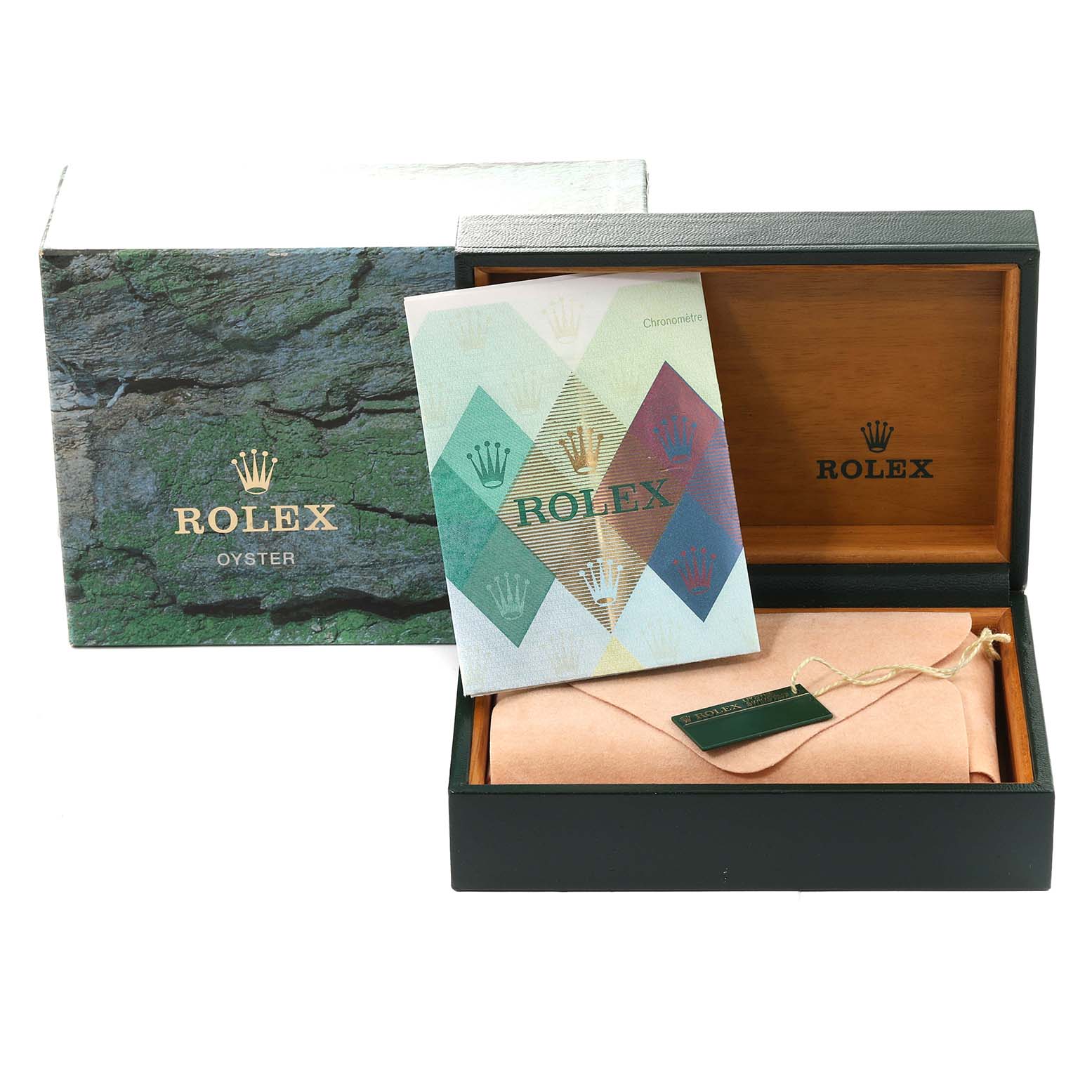 The image displays the packaging and accessories for a Rolex Submariner 16610 Men's Stainless Steel Black Dial 16610 Men's Stainless Steel Black Dial, including the outer box, inner box, and documentation.