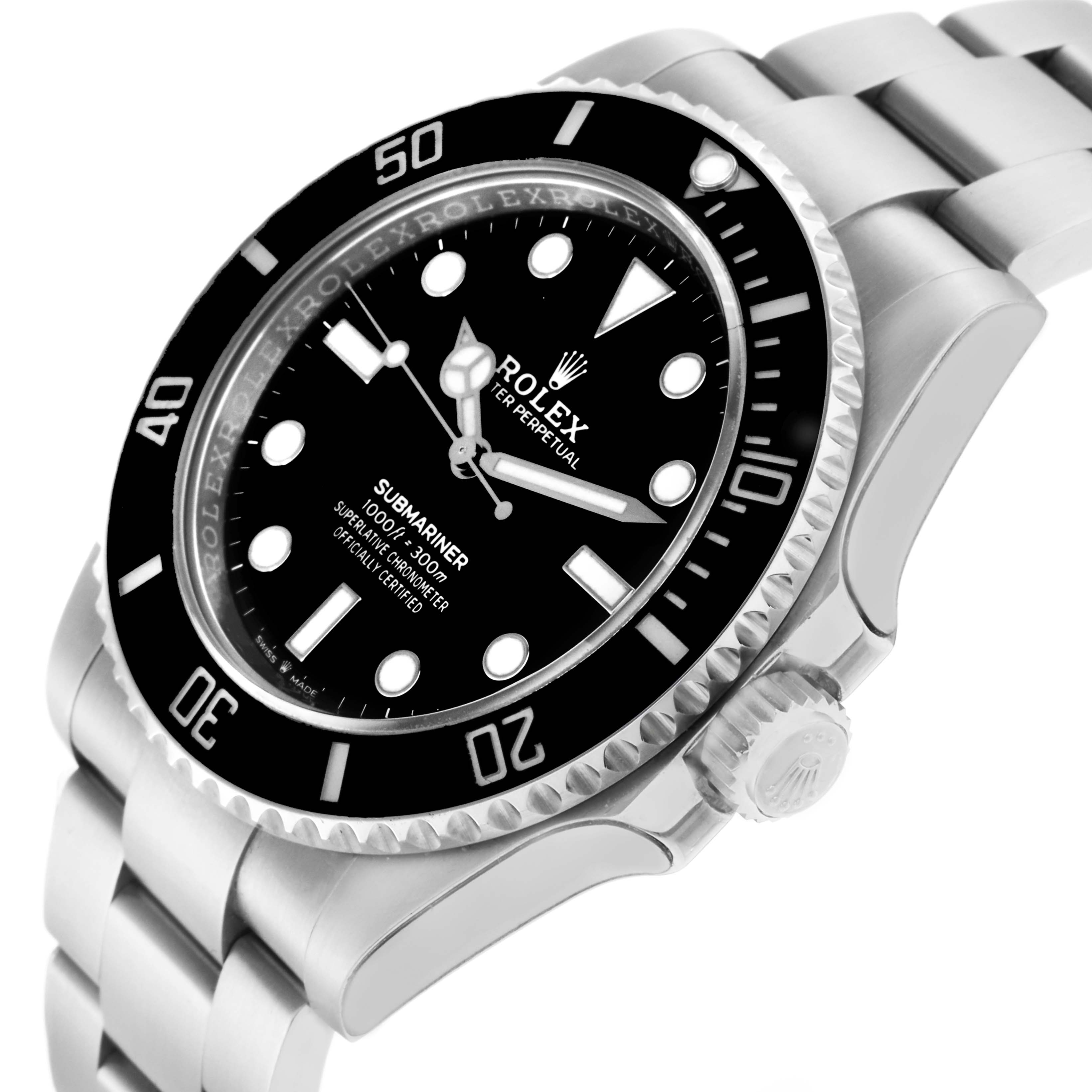 The Rolex Submariner 124060 Men
s Stainless Steel Black Dial watch is shown from a side angle, highlighting the bezel, dial, crown, and bracelet.