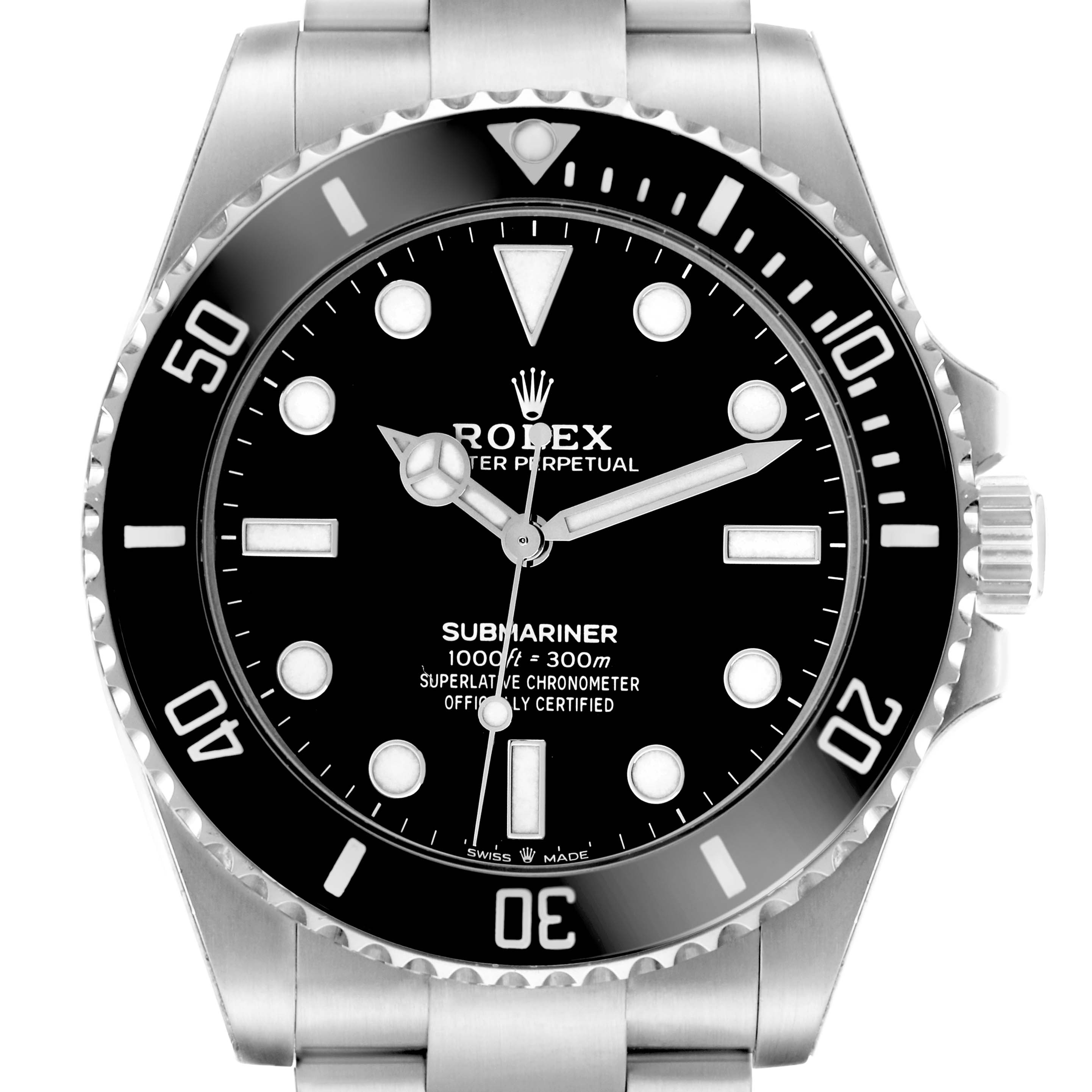 The Rolex Submariner 124060 Men
s Stainless Steel Black Dial watch is shown from the front, displaying its dial, bezel, and part of the bracelet.