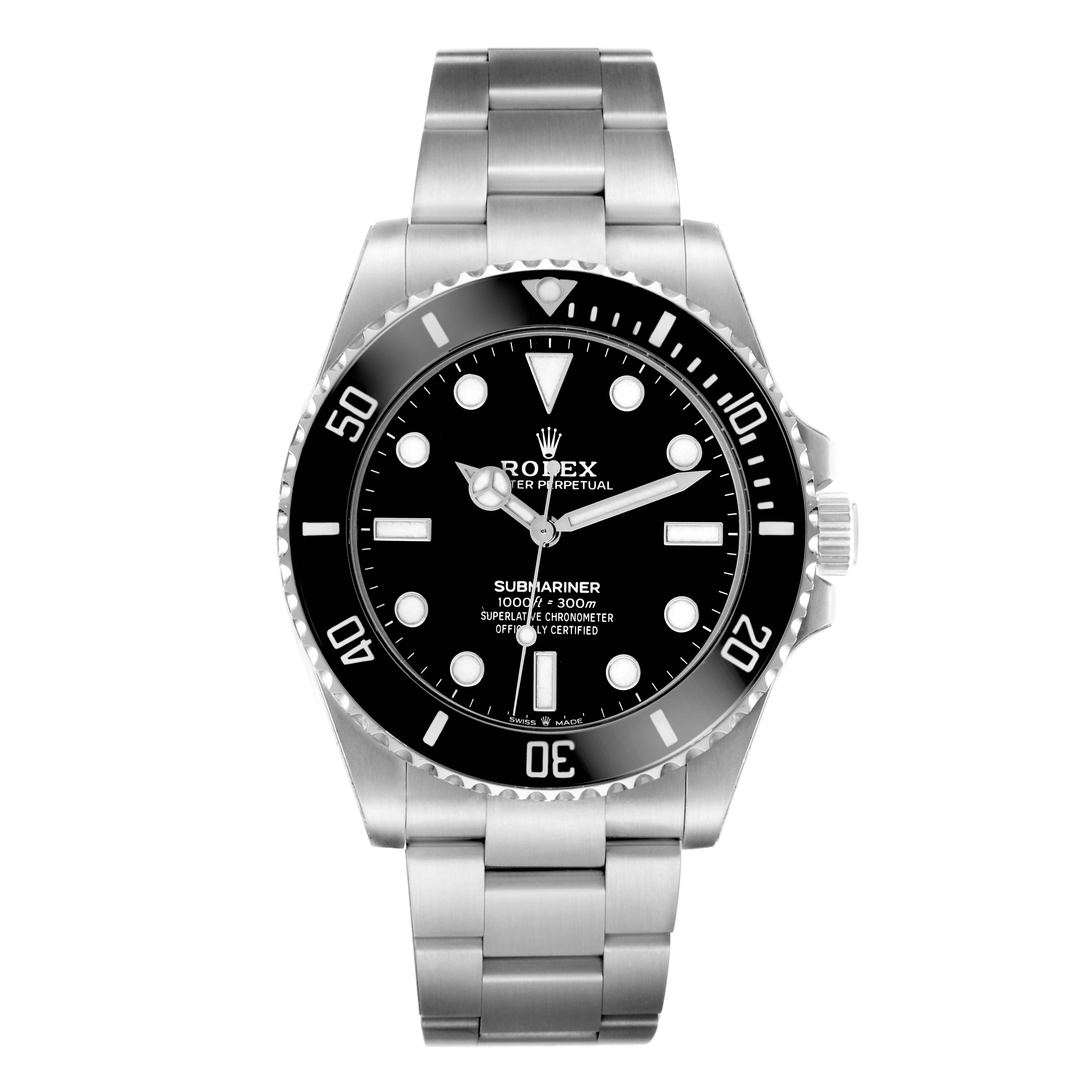 The Rolex Submariner 124060 Men
s Stainless Steel Black Dial watch is shown from a front angle, displaying the dial, bezel, and bracelet.