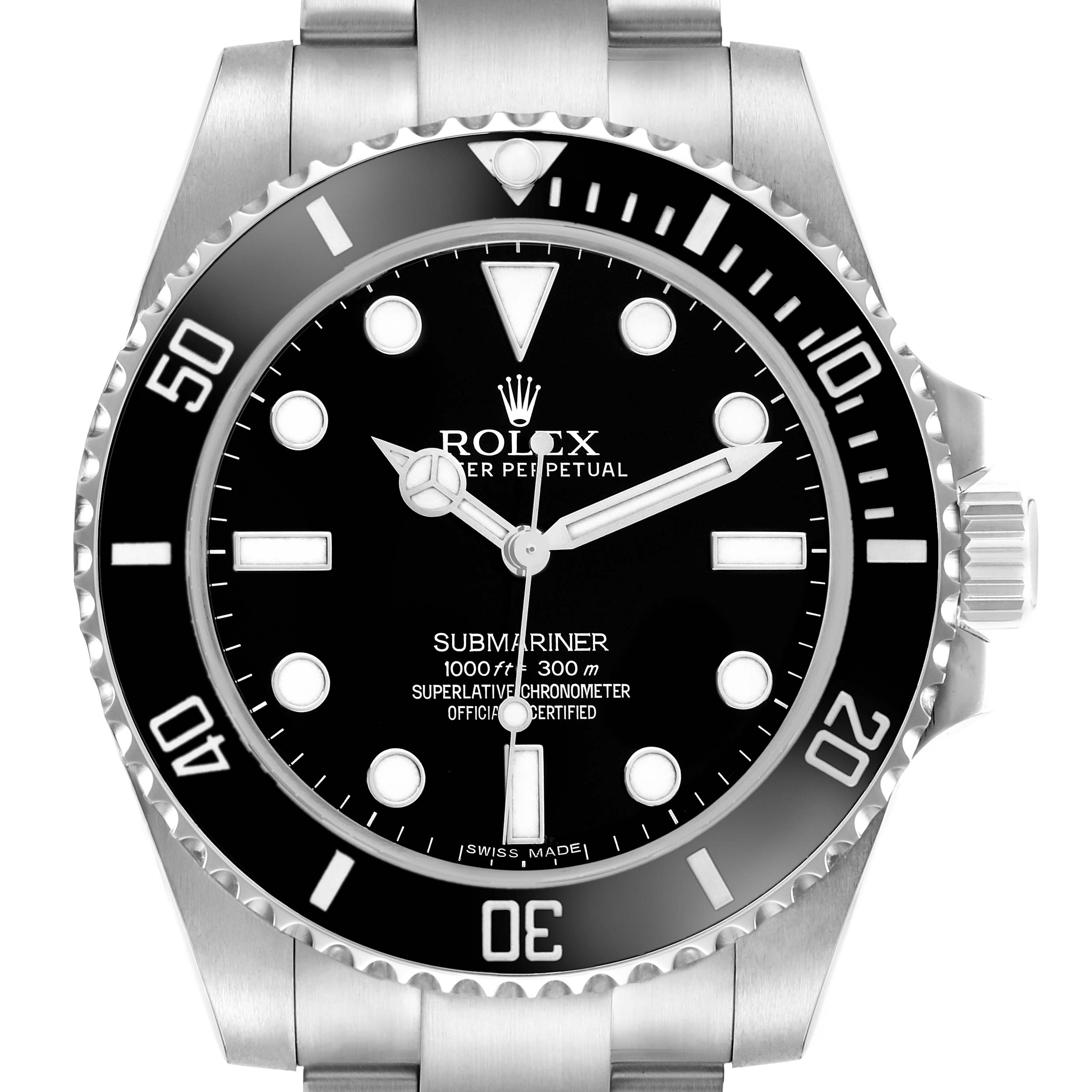 The Rolex Submariner 114060 Men's Stainless Steel Black Dial watch is shown from a top-down angle, highlighting the dial, hands, bezel, and part of the bracelet.