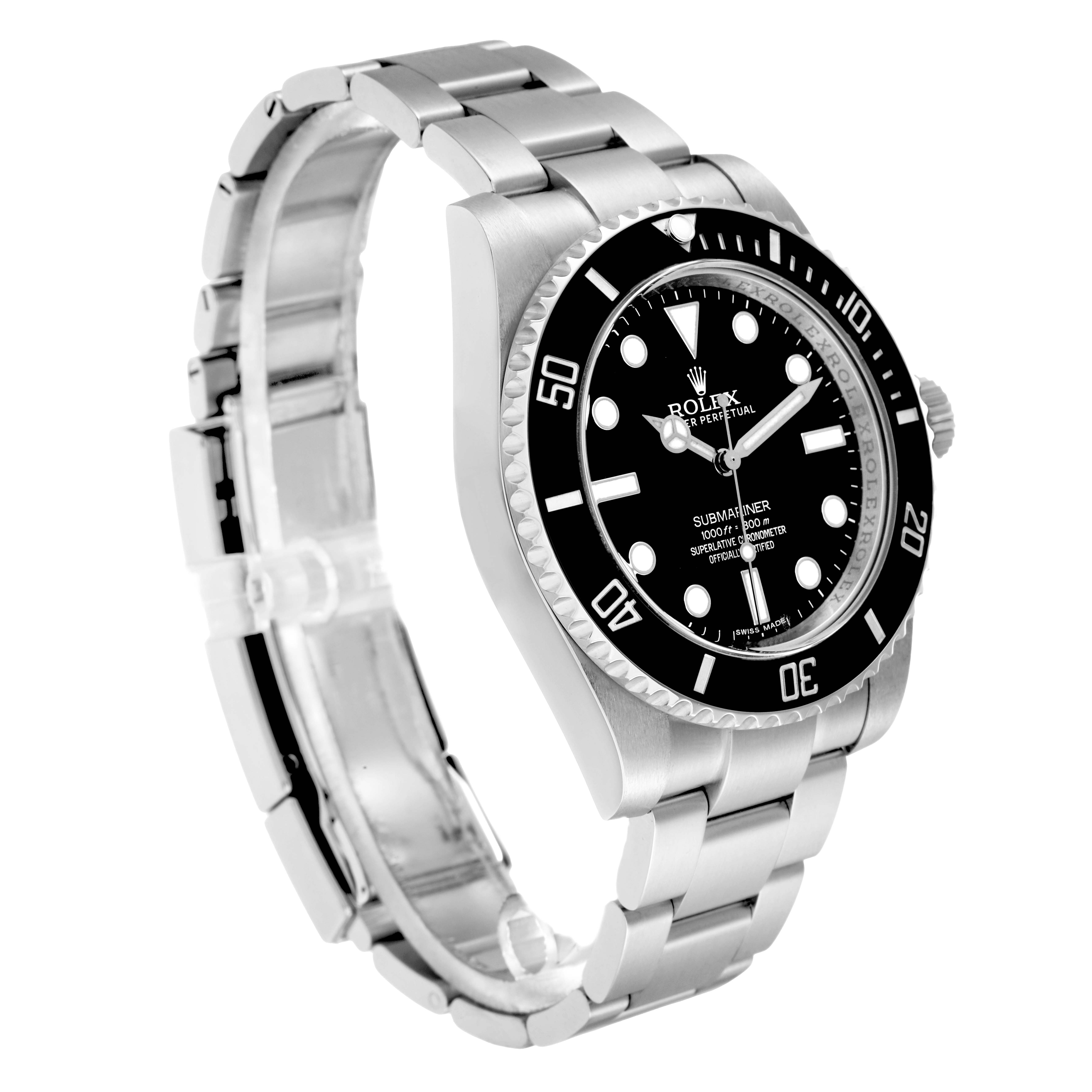 The Rolex Submariner 114060 Men's Stainless Steel Black Dial is shown at a three-quarter angle, displaying the dial, bezel, and bracelet prominently.
