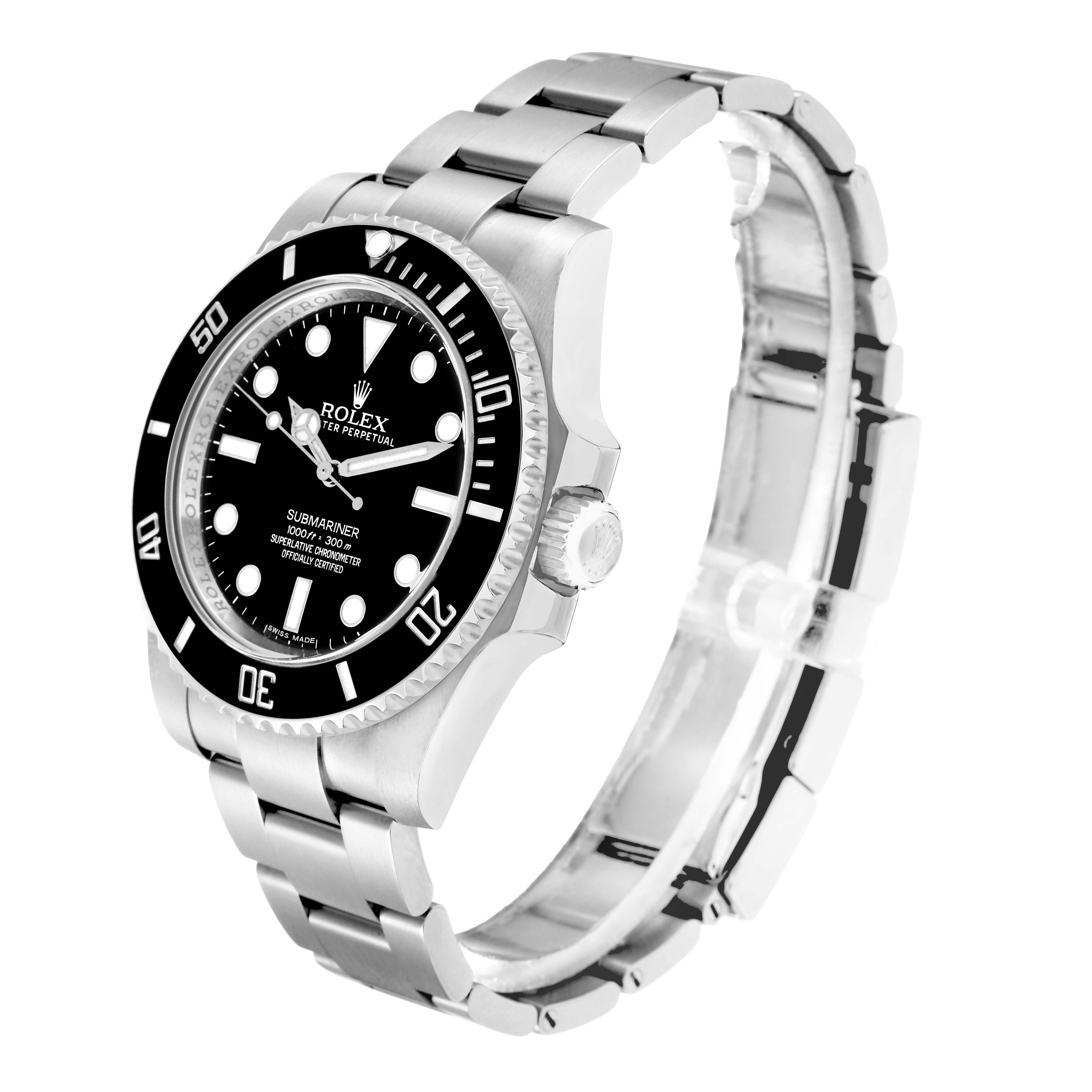 The Rolex Submariner 114060 Men's Stainless Steel Black Dial watch is shown at a three-quarter angle, displaying the dial, bezel, crown, and bracelet.