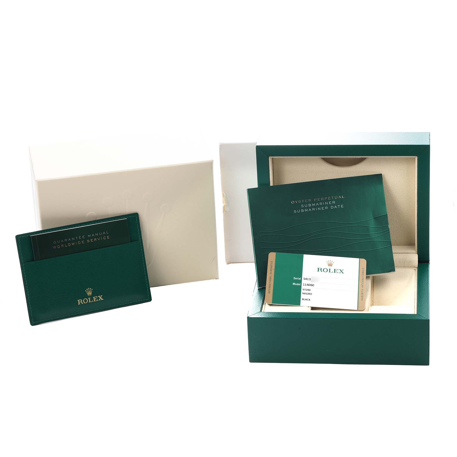 The image shows a Rolex Submariner 114060 Men's Stainless Steel Black Dial model box, warranty card, manual, and cardholder from a top angle.