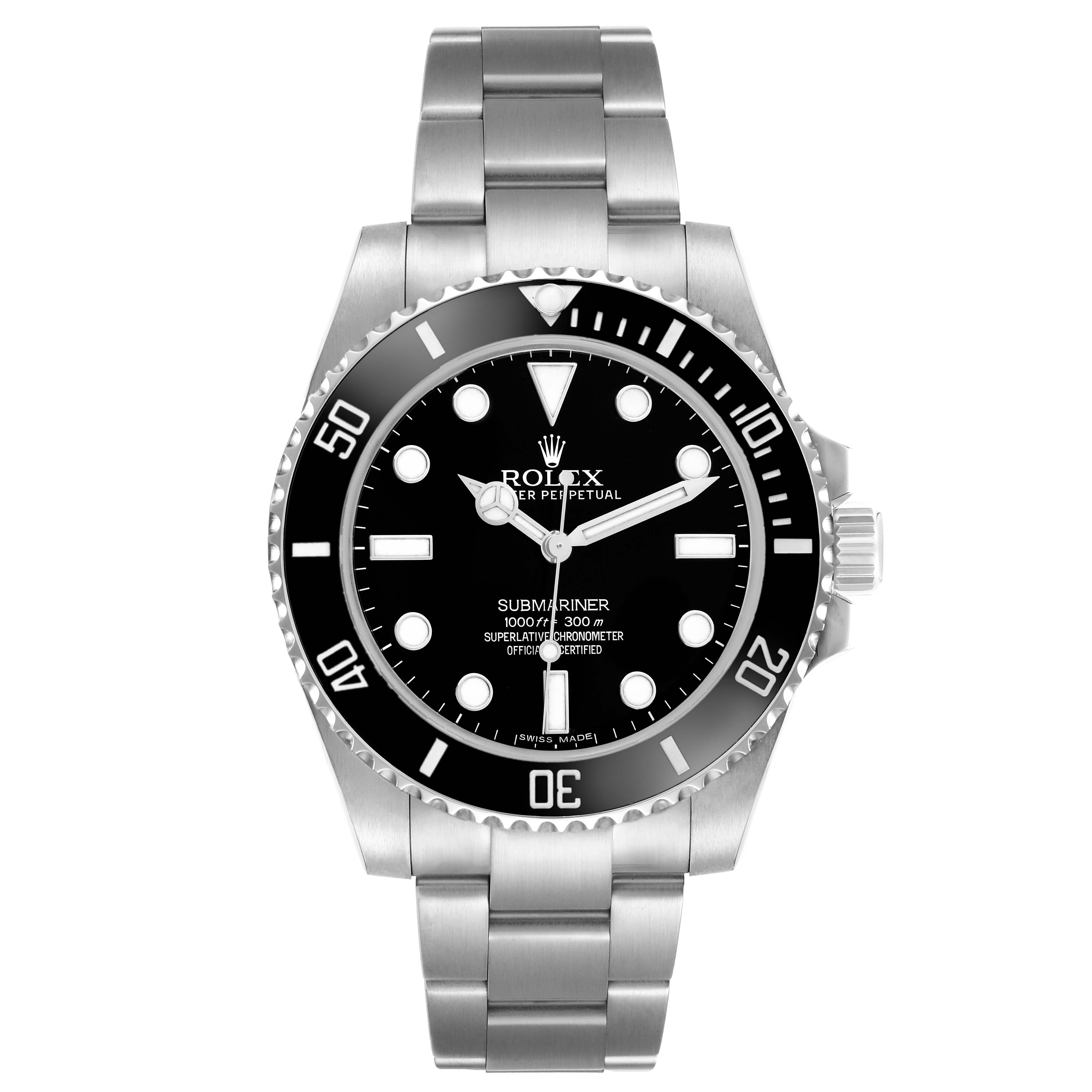 The image shows a front view of the Rolex Submariner 114060 Men's Stainless Steel Black Dial, highlighting its bezel, dial, and bracelet.