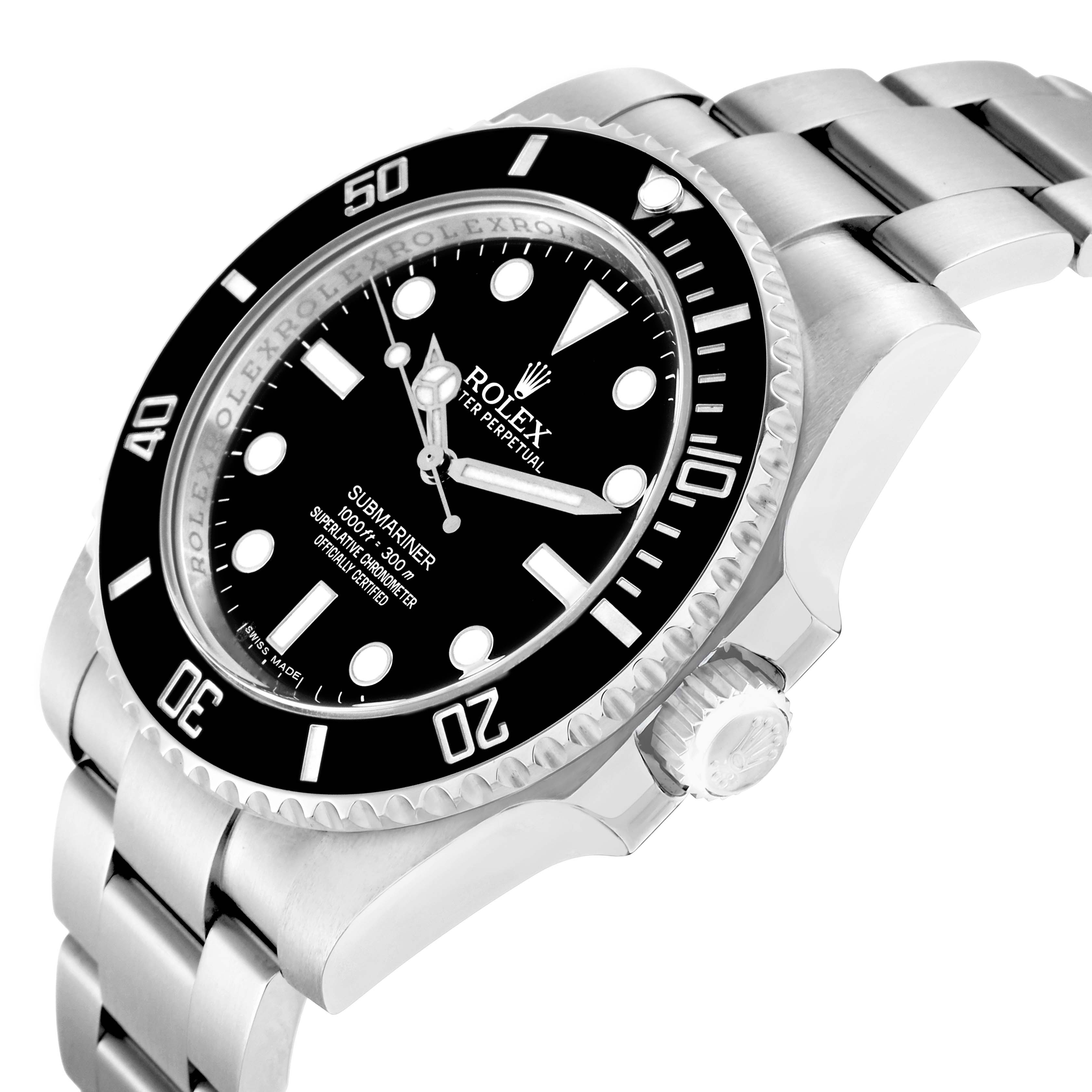 The Rolex Submariner 114060 Men's Stainless Steel Black Dial watch is shown at a slight angle displaying the face, bezel, crown, and part of the metal bracelet.