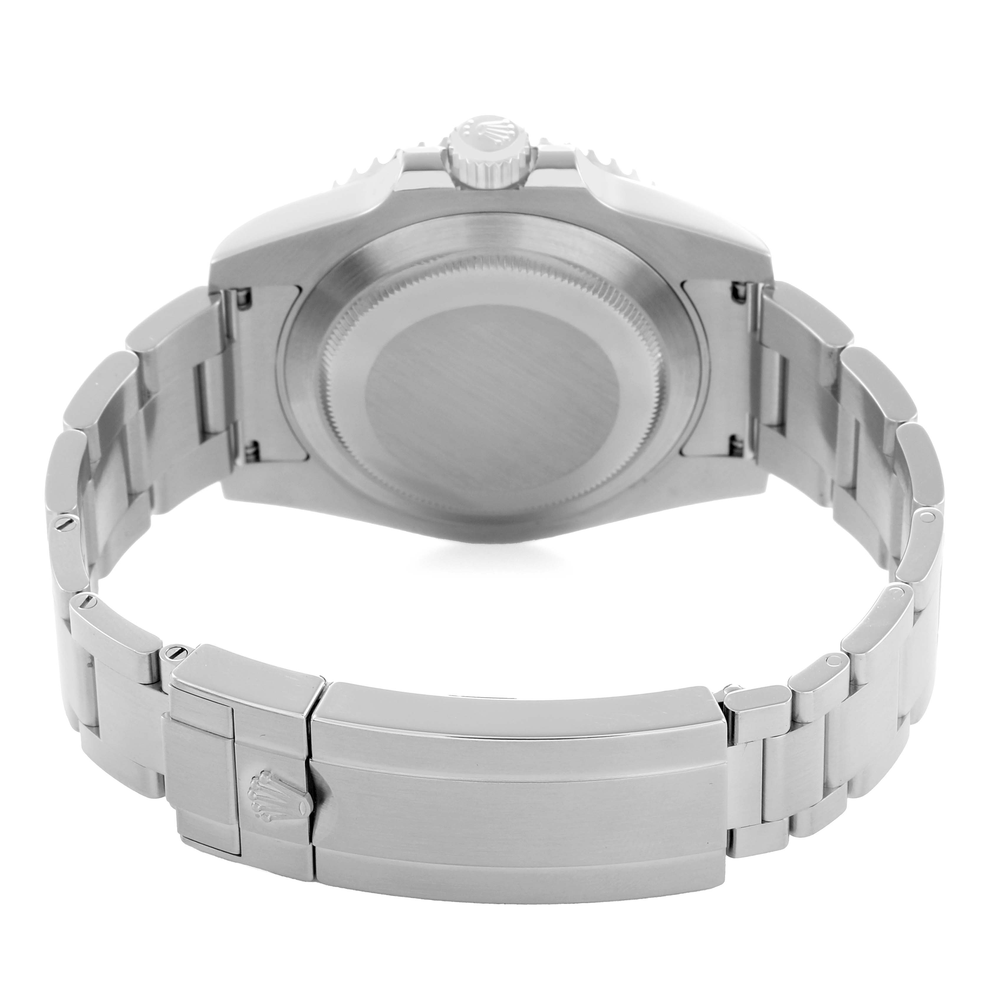 The image shows the back view of a Rolex Submariner 114060 Men's Stainless Steel Black Dial, highlighting its case back, crown, and bracelet clasp.