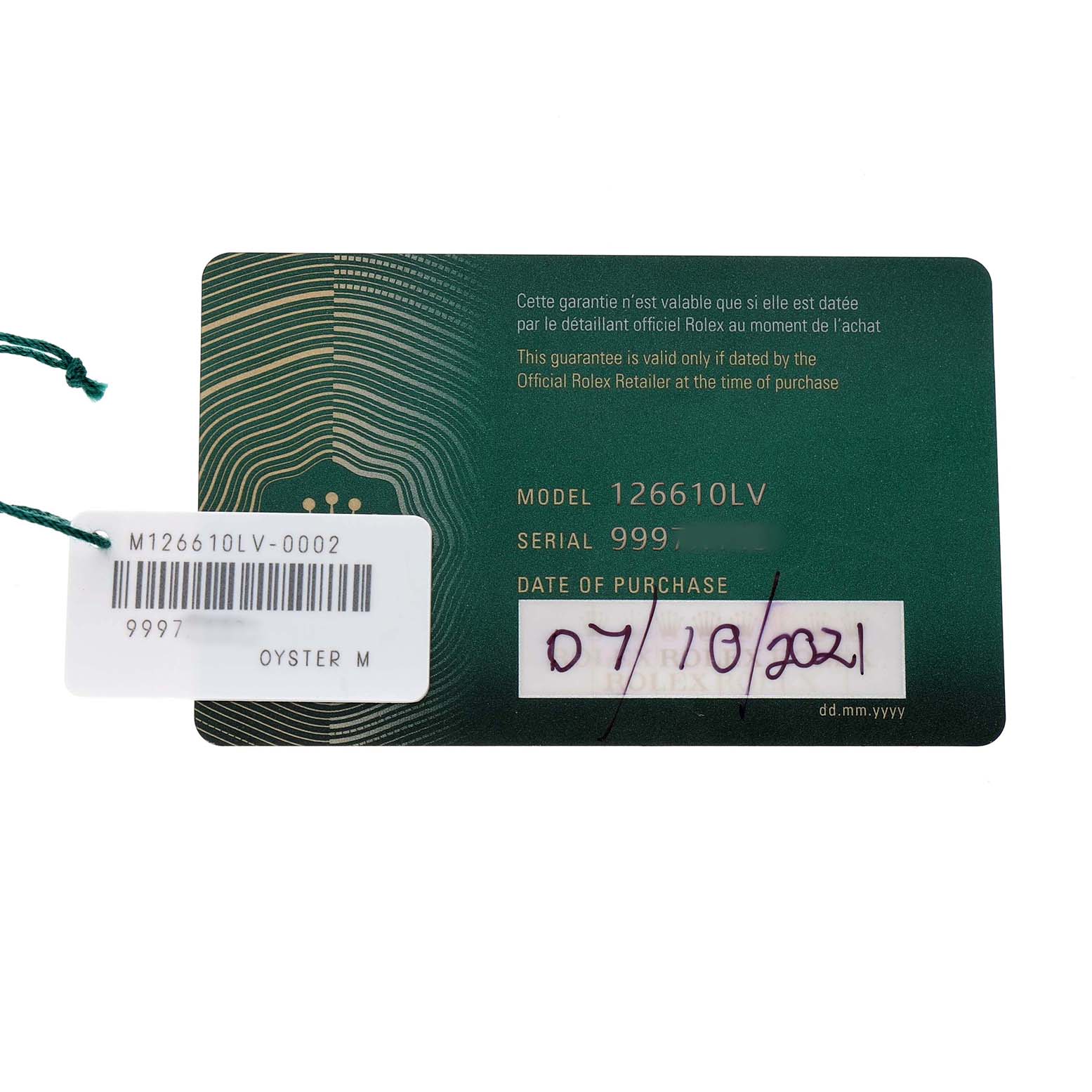 The image shows a Rolex Submariner 126610LV Men's Stainless Steel Black Dial model 126610LV warranty card and tag, displaying the serial number and purchase date.