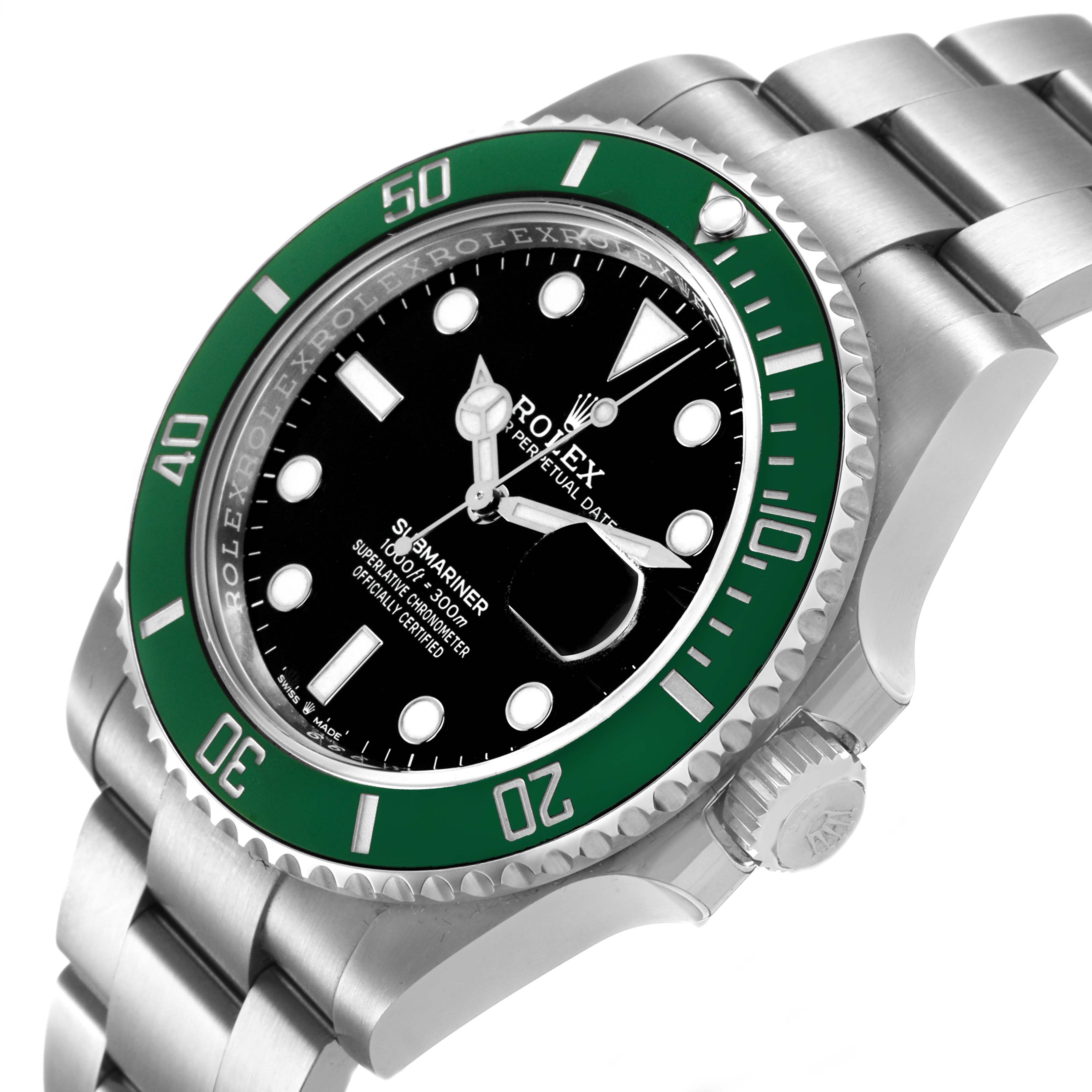 The Rolex Submariner 126610LV Men's Stainless Steel Black Dial watch is shown at an angled side view, highlighting the green bezel, black dial, and metal bracelet.