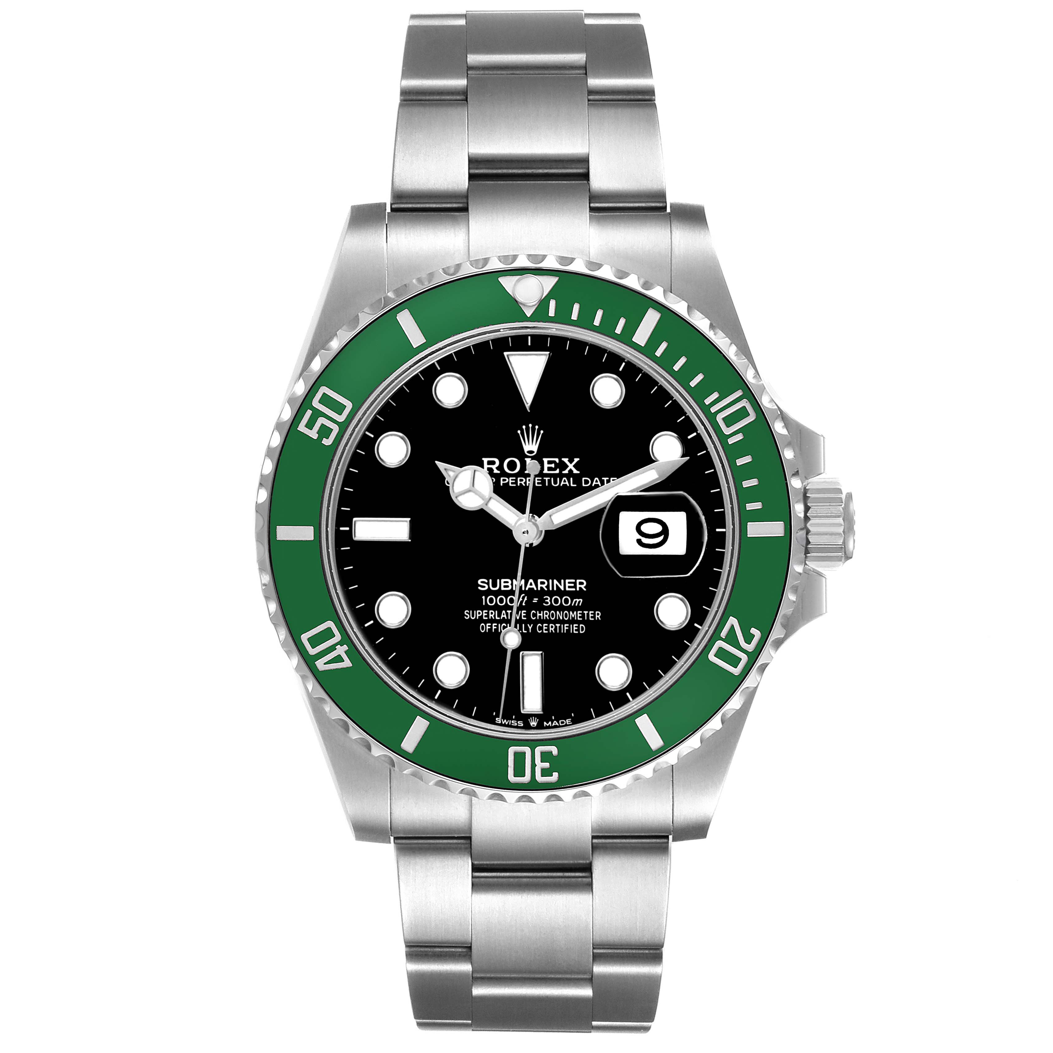 The Rolex Submariner 126610LV Men's Stainless Steel Black Dial watch is shown from a front angle, displaying its bezel, dial, bracelet, and date window.
