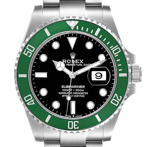 The Rolex Submariner 126610LV Men's Stainless Steel Black Dial is shown from a front angle, highlighting the bezel, dial, hands, and bracelet.