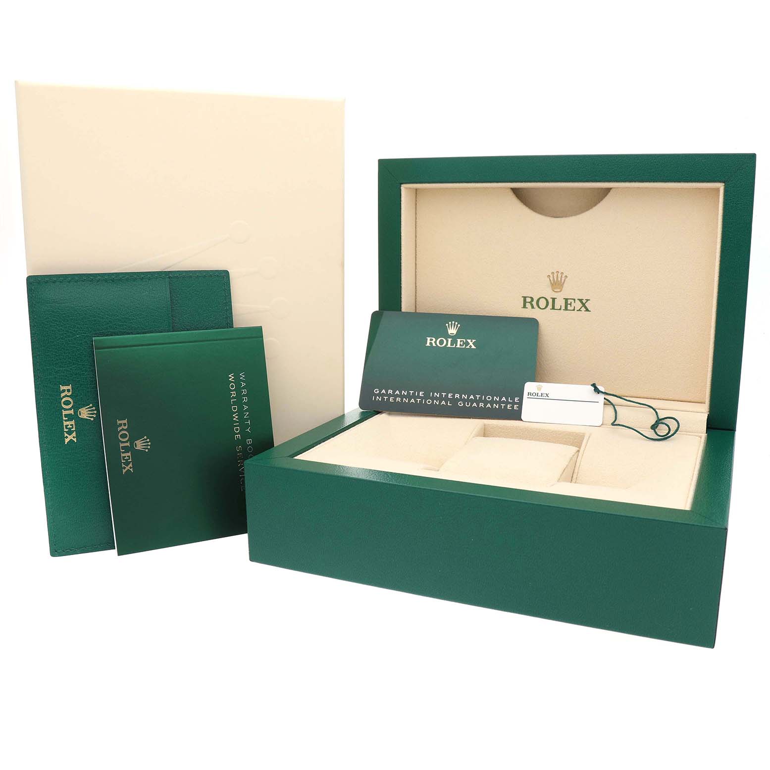 The image shows a Rolex Submariner 126610LV Men's Stainless Steel Black Dial box and its accessories, including booklets and a tag, viewed from the front.