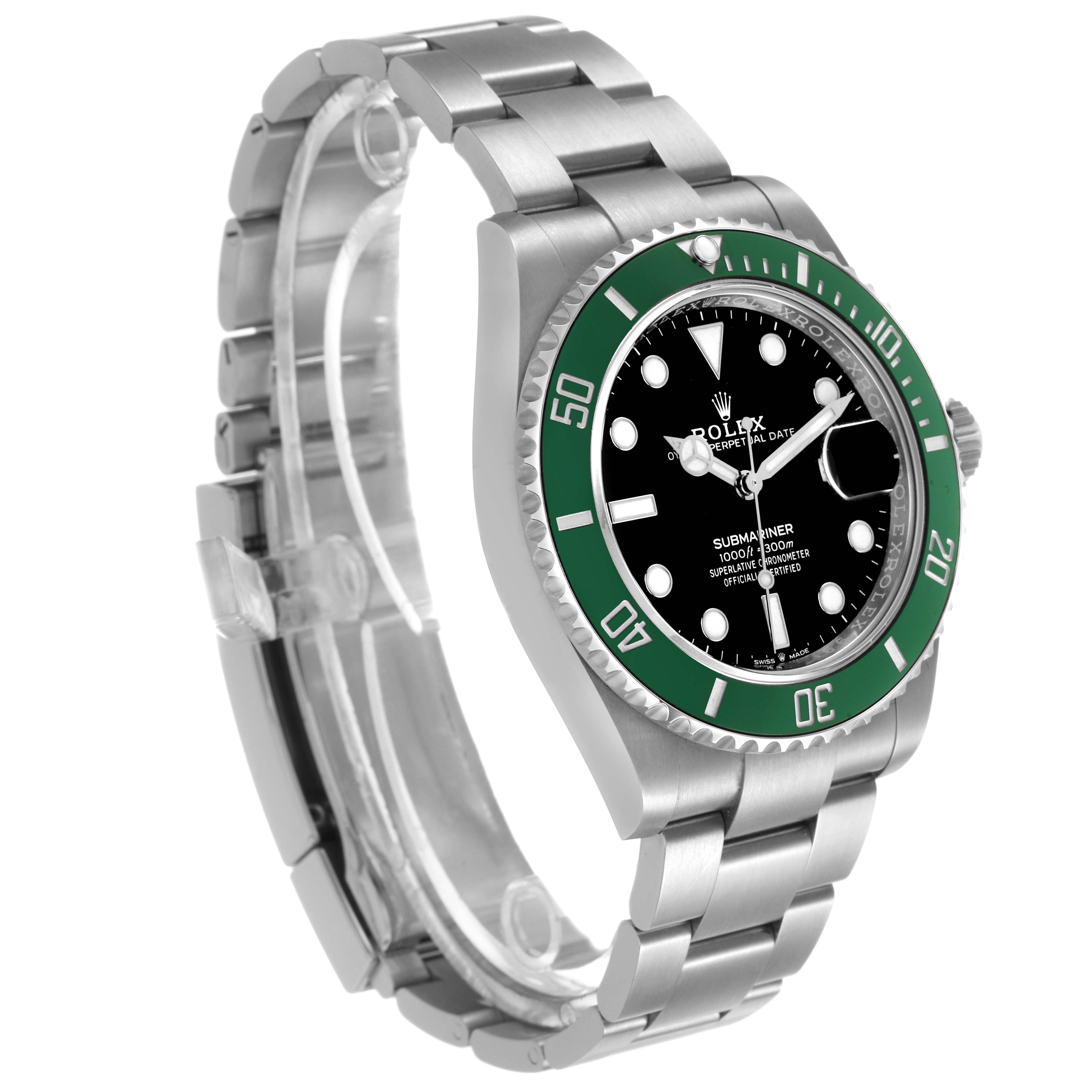 The Rolex Submariner 126610LV Men's Stainless Steel Black Dial watch is shown at a slight three-quarter angle, displaying the bezel, dial, bracelet, and crown.