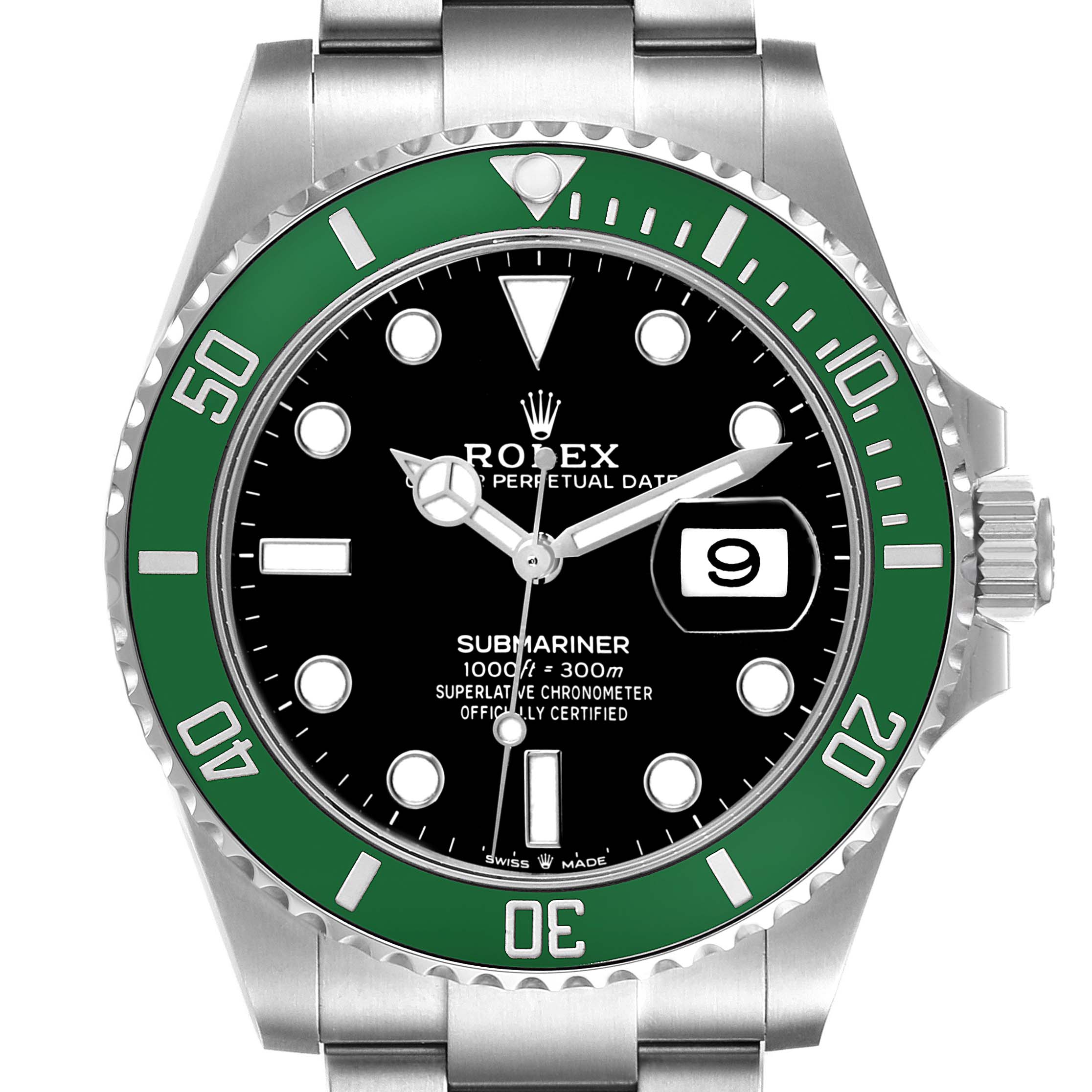 The Rolex Submariner 126610LV Men's Stainless Steel Black Dial watch is shown from a front angle, highlighting the green bezel, black dial, and date window.