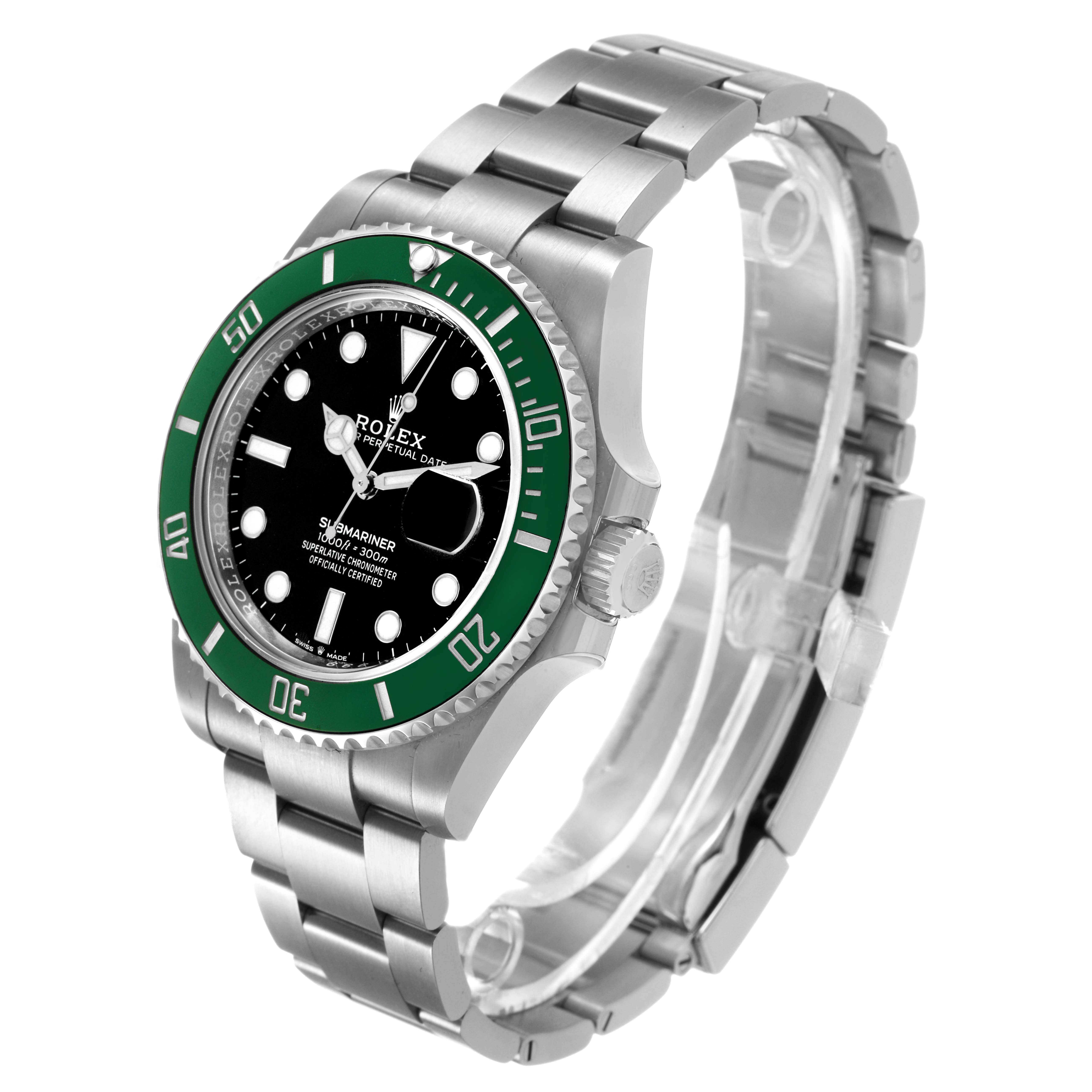 The Rolex Submariner 126610LV Men's Stainless Steel Black Dial watch is shown at an angle displaying the green bezel, black dial, bracelet, and side profile including the crown.