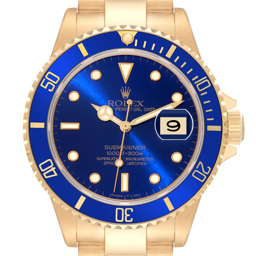 The image shows a frontal view of a Rolex Submariner 16618 Men's Yellow Gold Blue Dial watch, highlighting its blue dial, bezel, and date magnifier.