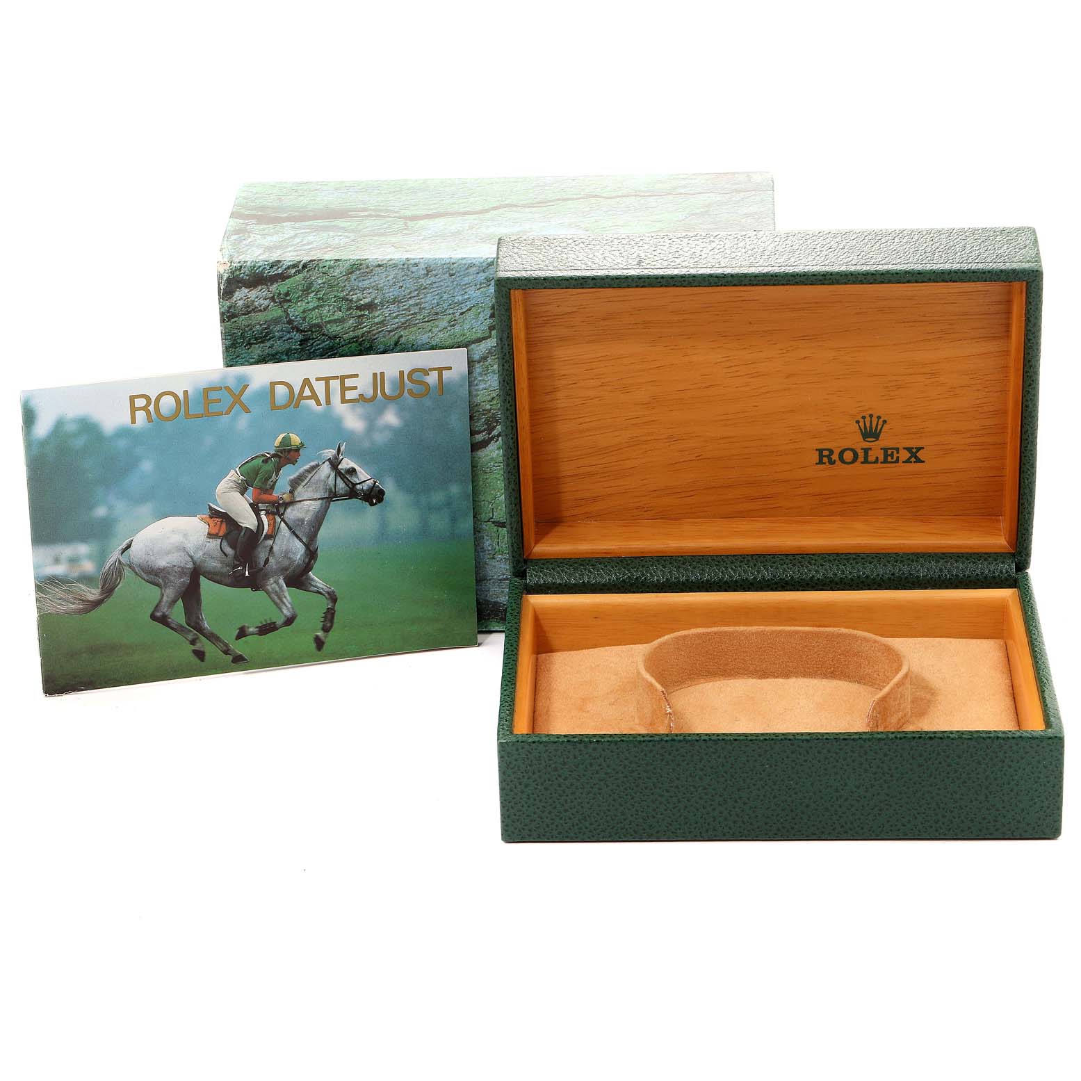 The image shows a green Rolex Turn-o-Graph 16264 Men
s Stainless Steel Black Dial 16264 Men
s Stainless Steel Black Dial watch box, an outer box, and a Rolex Datejust booklet.