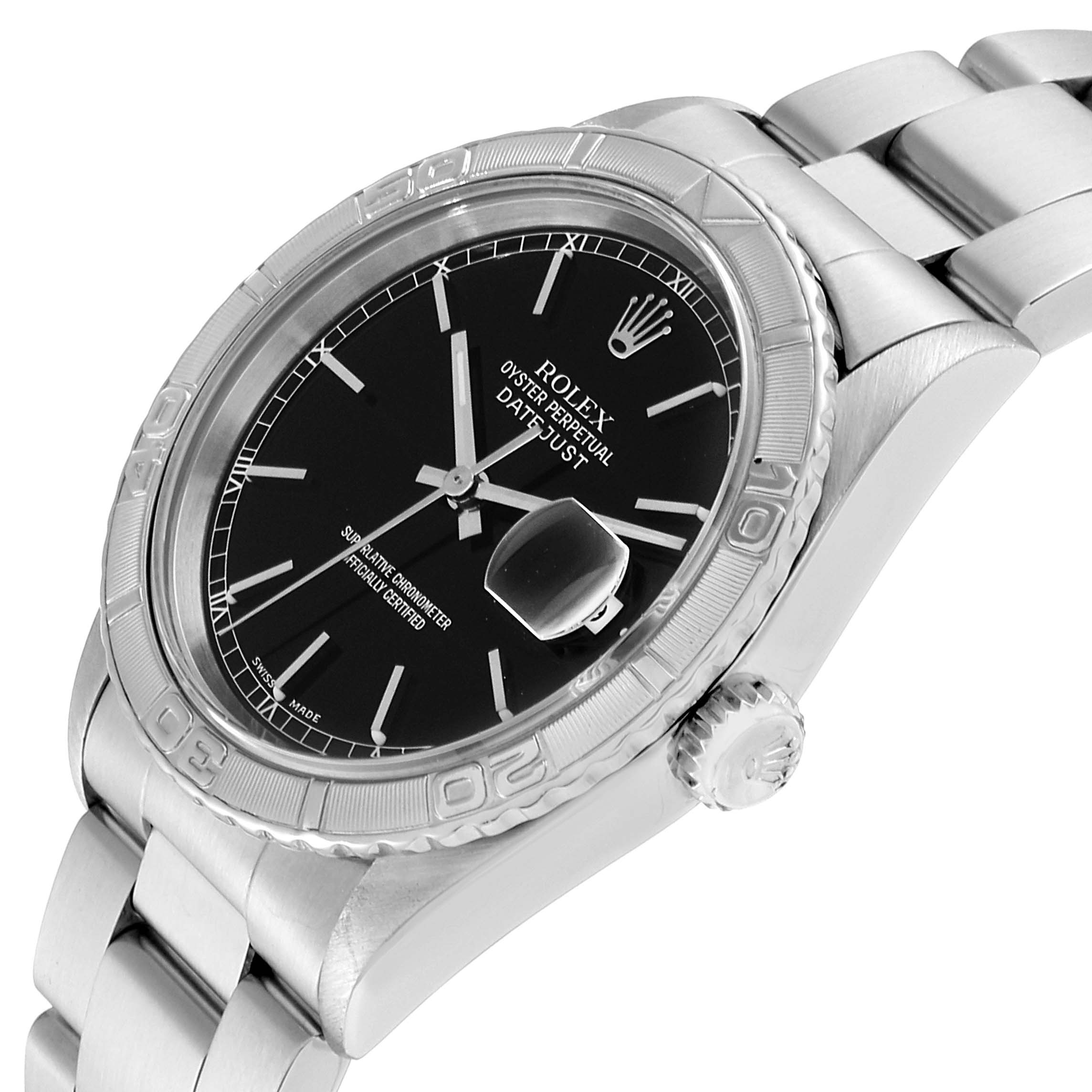 This image shows a close-up, angled view of the Rolex Turn-o-Graph 16264 Men
s Stainless Steel Black Dial 16264 Men
s Stainless Steel Black Dial watch
s face, bezel, and bracelet.