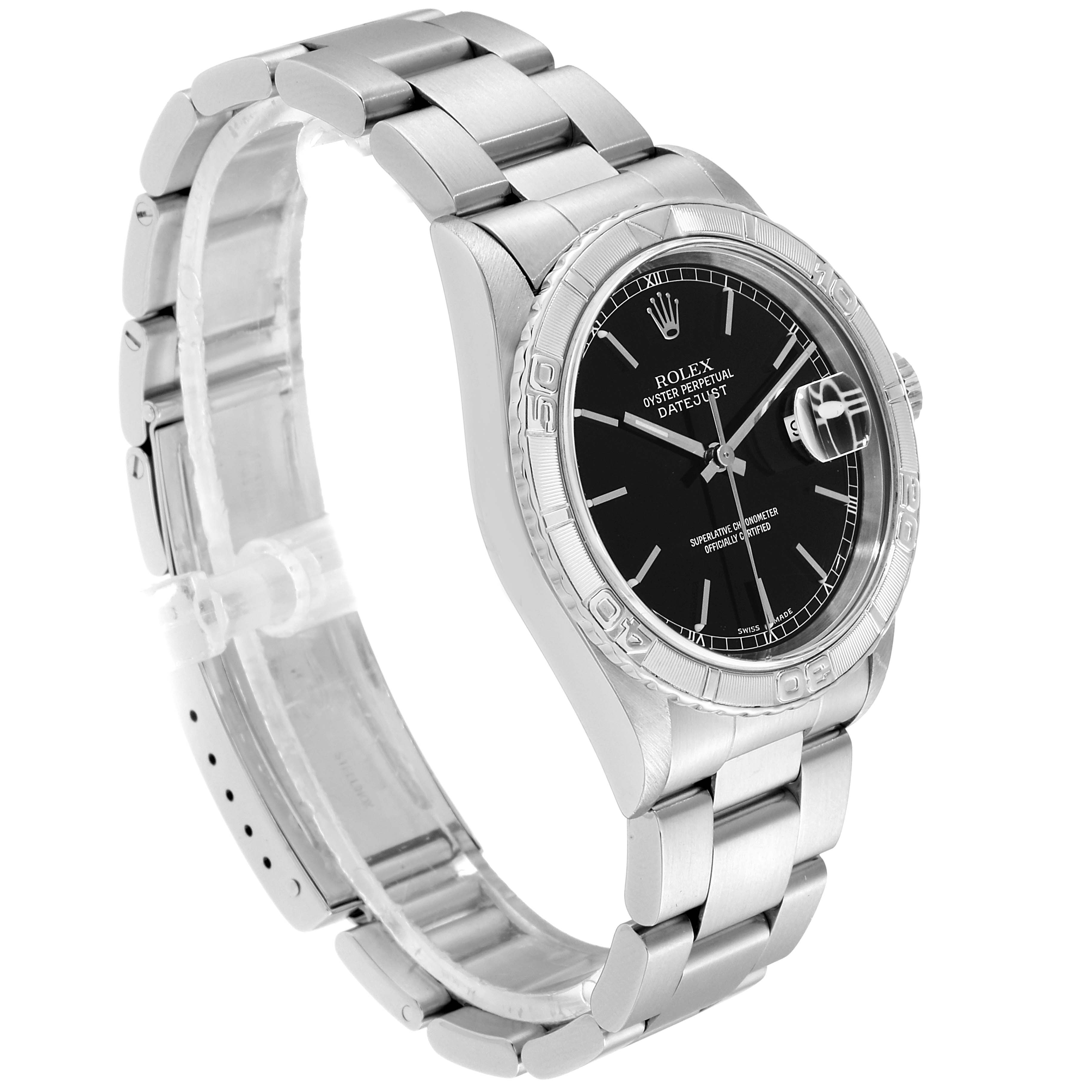 The image shows a three-quarter side angle of the Rolex Turn-o-Graph 16264 Men
s Stainless Steel Black Dial 16264 Men
s Stainless Steel Black Dial watch, highlighting the dial, bezel, and bracelet.