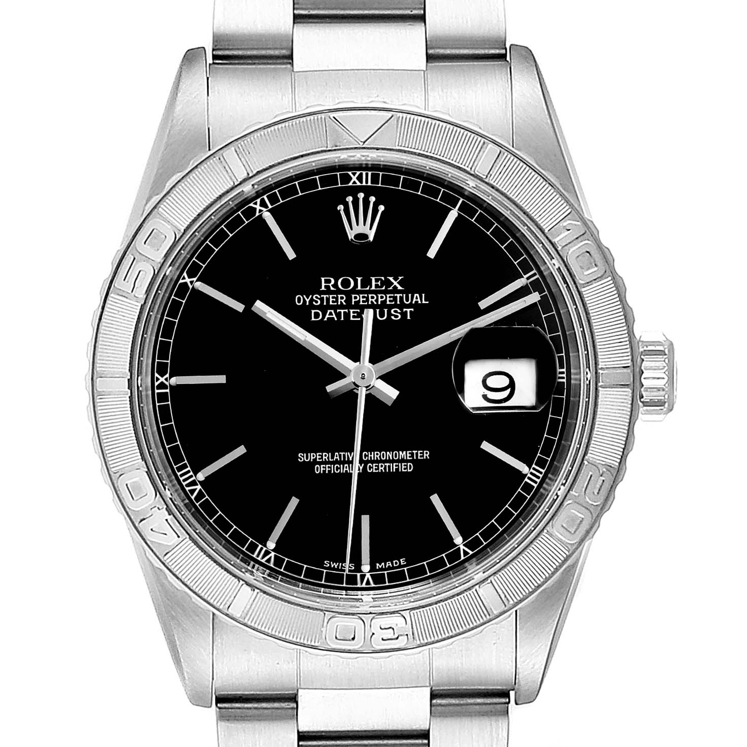 This image shows a front view of the Rolex Turn-o-Graph 16264 Men
s Stainless Steel Black Dial 16264 Men
s Stainless Steel Black Dial watch featuring its dial, bezel, and part of the bracelet.