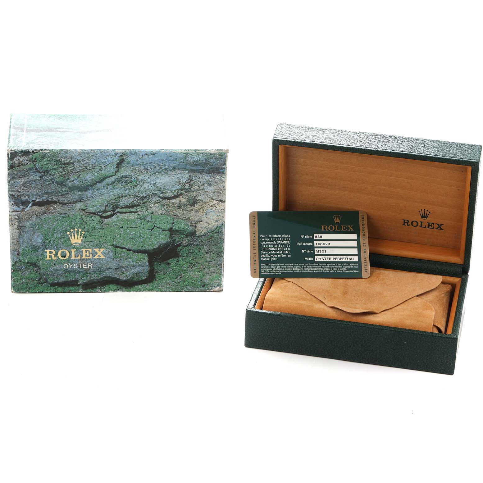 The image shows a Rolex Yacht-Master 168623 Men
s Steel and Gold (two tone) Mother of Pearl Dial box, an open case with a card, and a suede pouch inside.