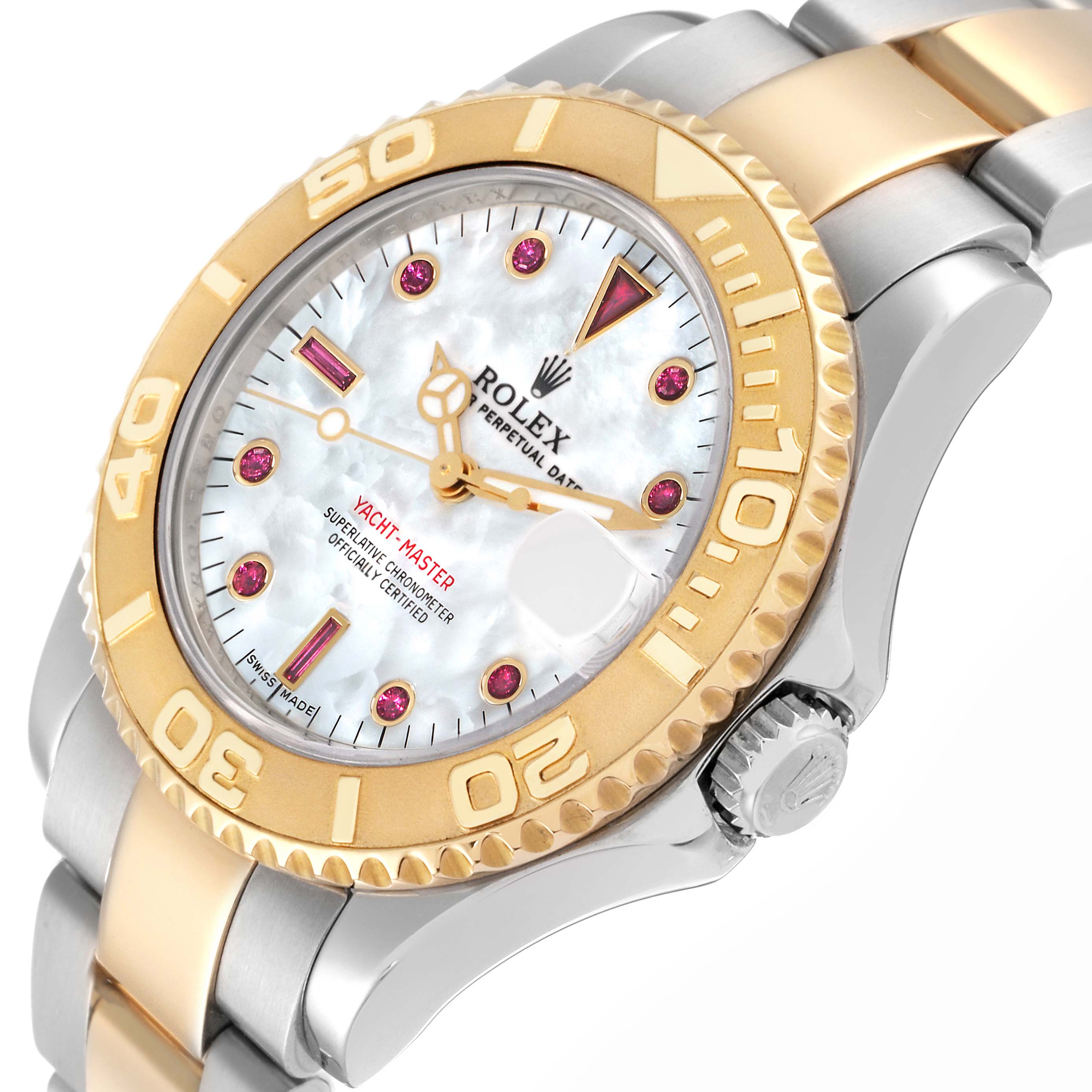 The Rolex Yacht-Master 168623 Men
s Steel and Gold (two tone) Mother of Pearl Dial watch is shown at a slight angle, highlighting the bezel, dial, and part of the bracelet.