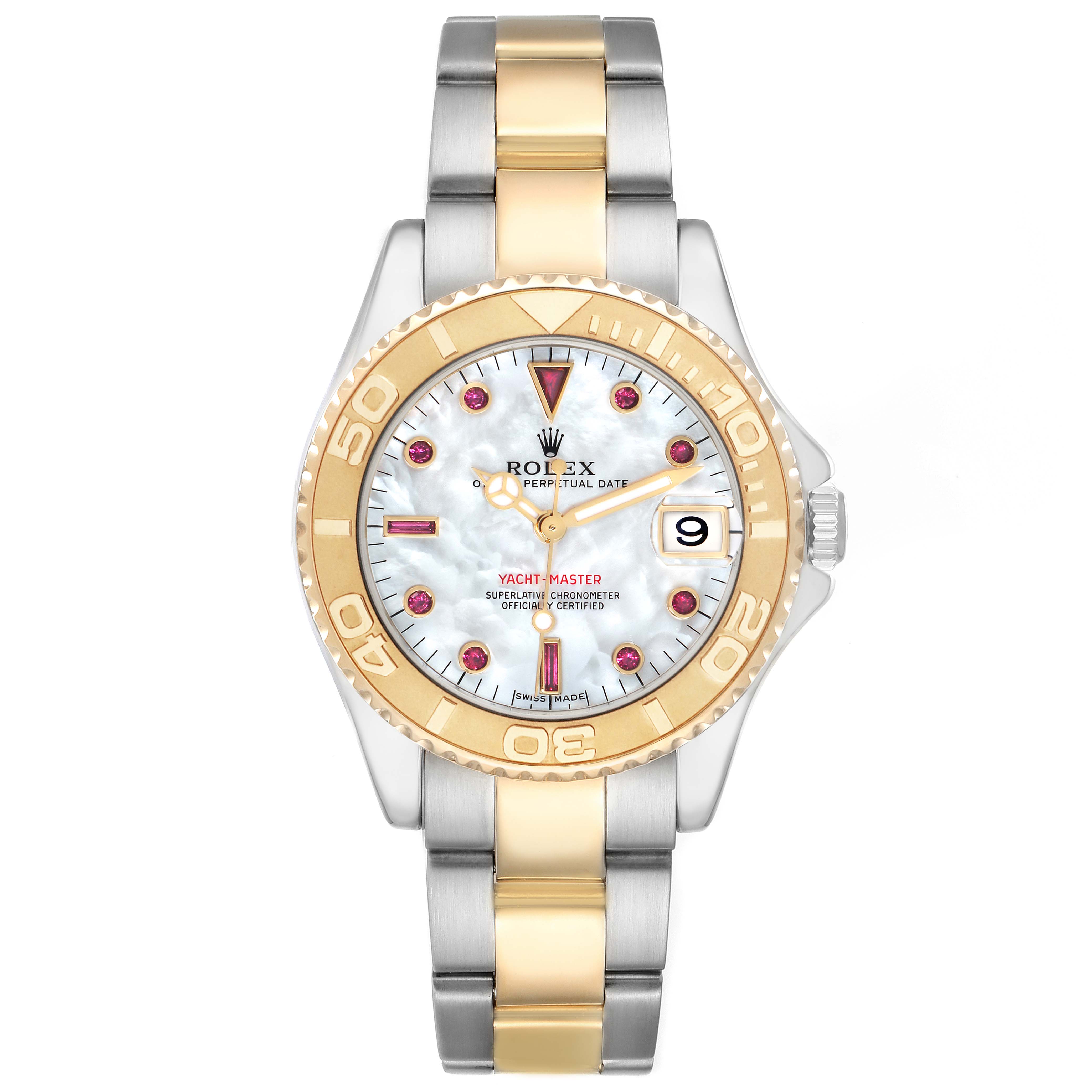 The Rolex Yacht-Master 168623 Men
s Steel and Gold (two tone) Mother of Pearl Dial watch is shown from a top-down angle, displaying its face, bezel, and bracelet.