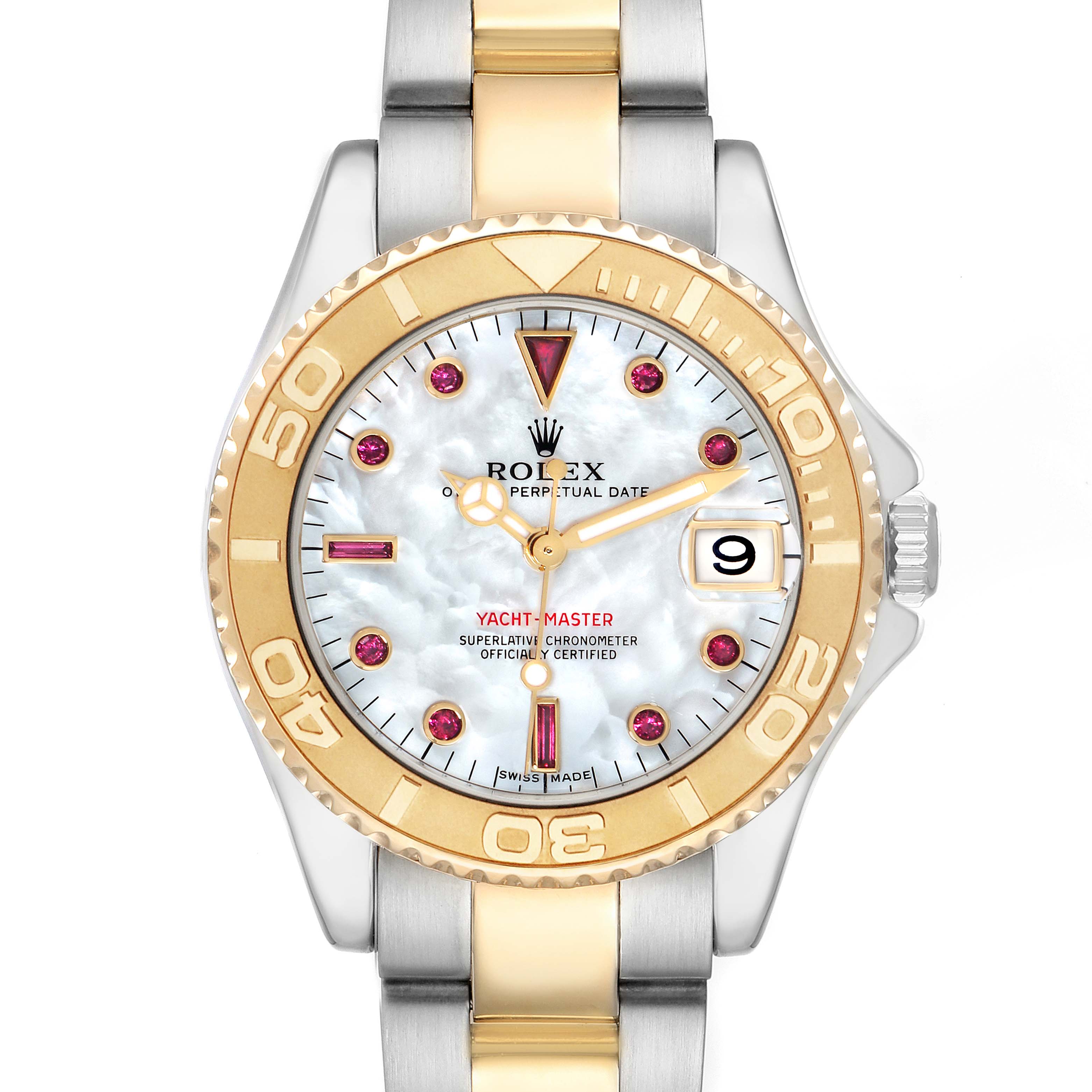 The Rolex Yacht-Master 168623 Men
s Steel and Gold (two tone) Mother of Pearl Dial watch is shown from a top-down angle, displaying the face, bezel, and part of the bracelet.
