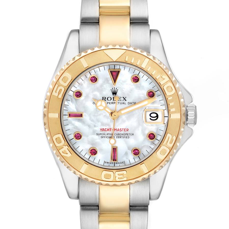 The Rolex Yacht-Master 168623 Men's Steel and Gold (two tone) Mother of Pearl Dial watch is shown from a top-down angle, displaying the face, bezel, and part of the bracelet.