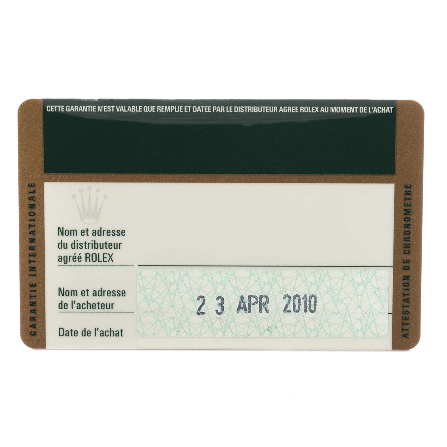 The image shows a warranty card for the Rolex Yacht-Master 168623 Men
s Steel and Gold (two tone) Mother of Pearl Dial, displaying purchase details.