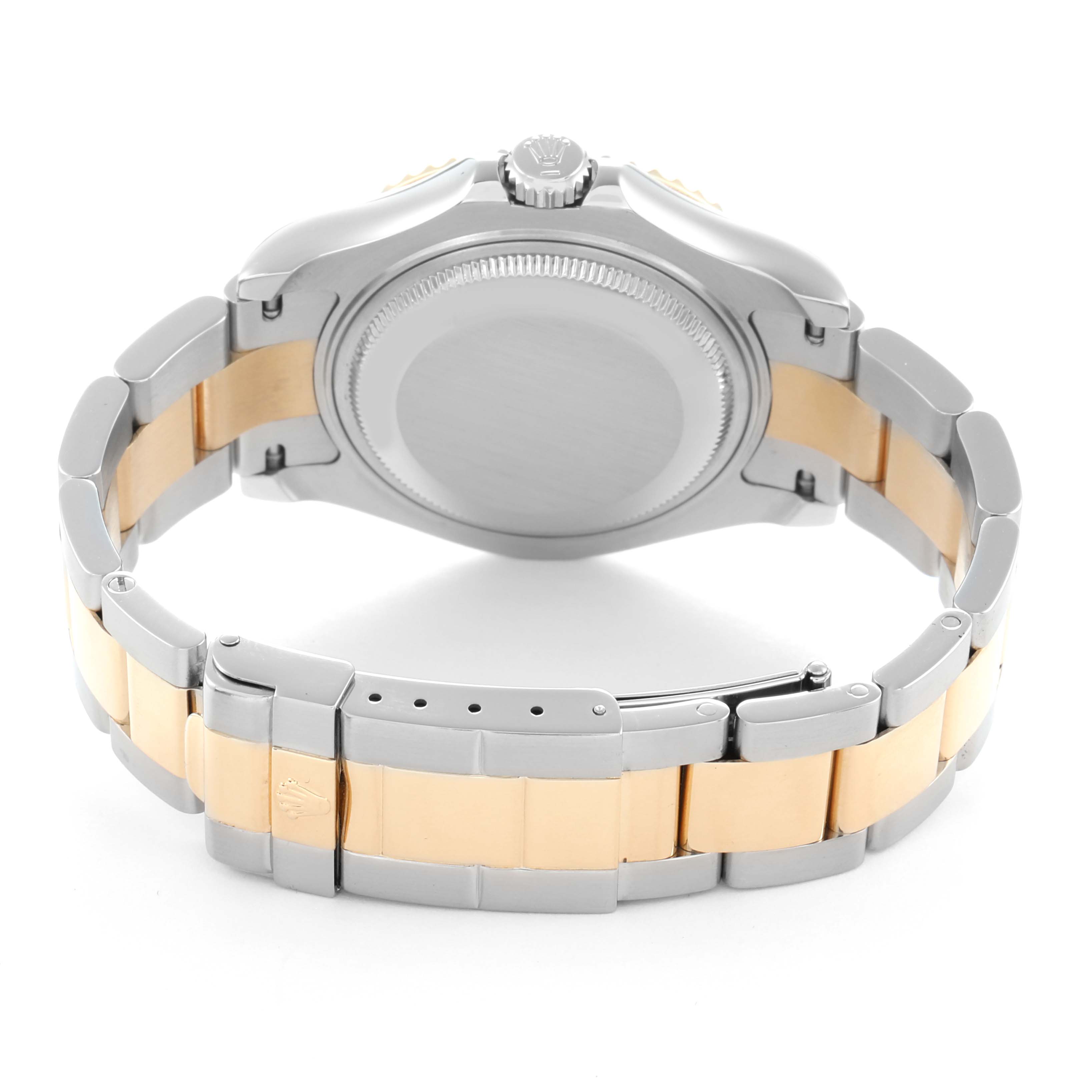 The Rolex Yacht-Master 168623 Men
s Steel and Gold (two tone) Mother of Pearl Dial watch is shown from the back, highlighting the clasp, case back, and two-tone bracelet.