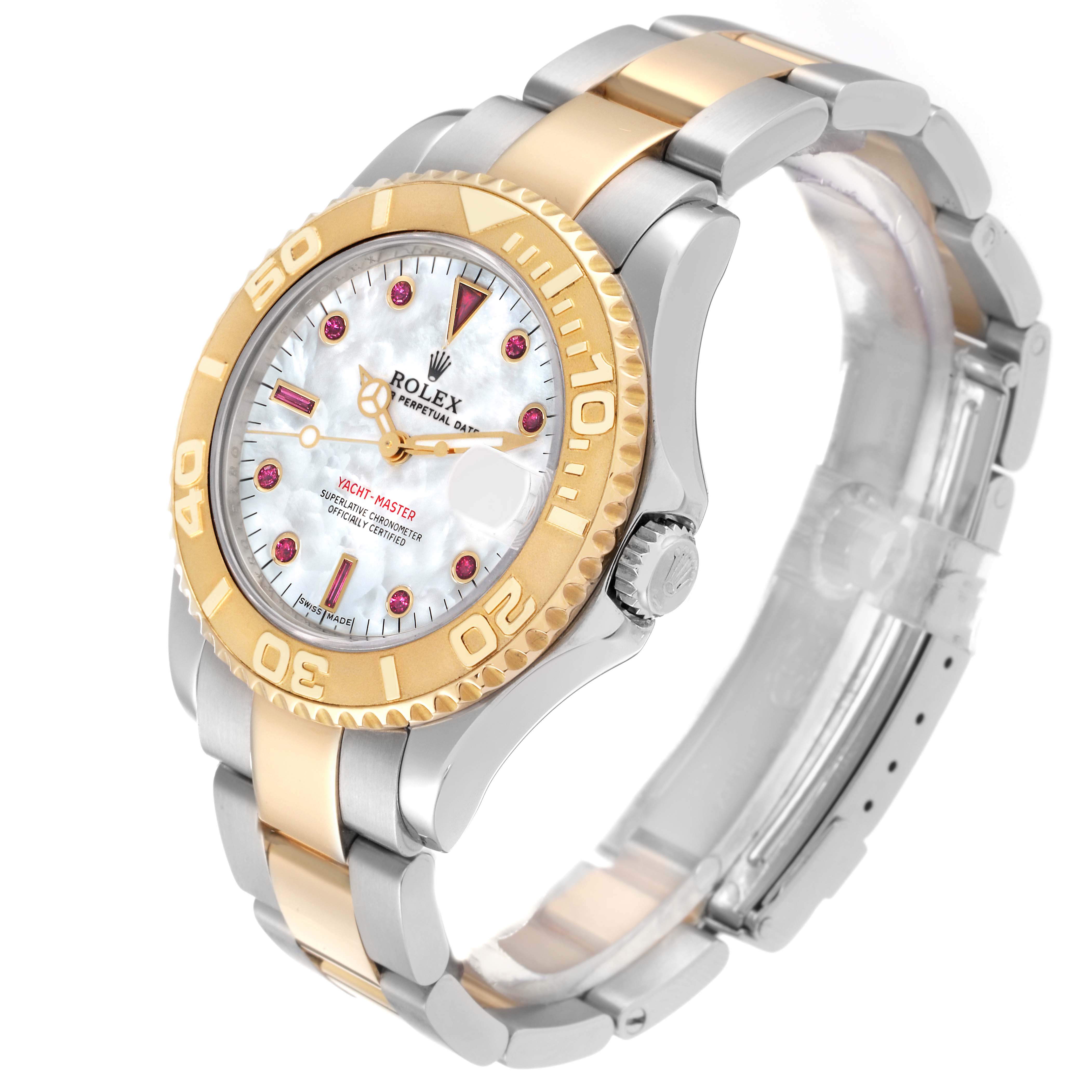 The Rolex Yacht-Master 168623 Men
s Steel and Gold (two tone) Mother of Pearl Dial watch is shown at a three-quarter angle, highlighting the dial, bezel, bracelet, and crown.