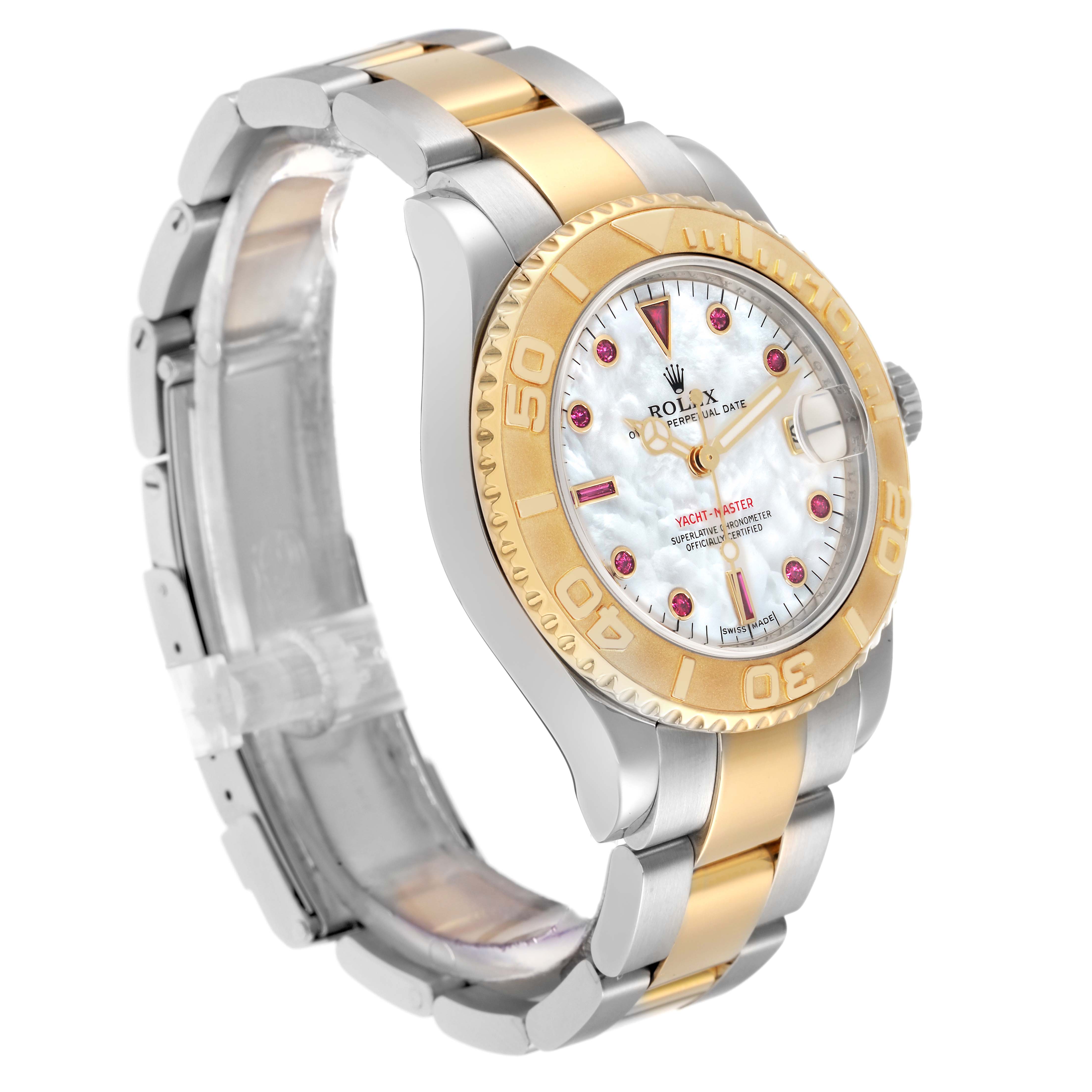 The Rolex Yacht-Master 168623 Men
s Steel and Gold (two tone) Mother of Pearl Dial watch is shown at a three-quarter view, highlighting the dial, bezel, and bracelet.