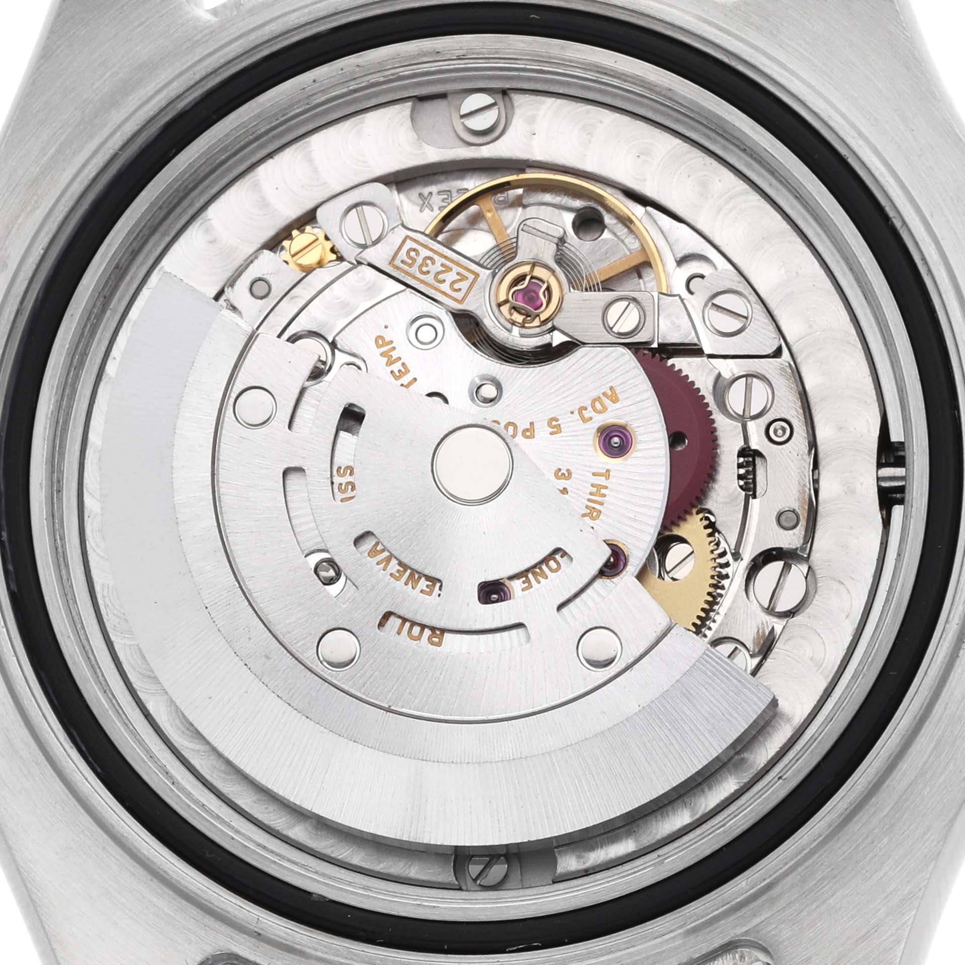 The image shows the Rolex Yacht-Master 168623 Men
s Steel and Gold (two tone) Mother of Pearl Dial watch movement from a top-down angle, highlighting its intricate mechanical parts.
