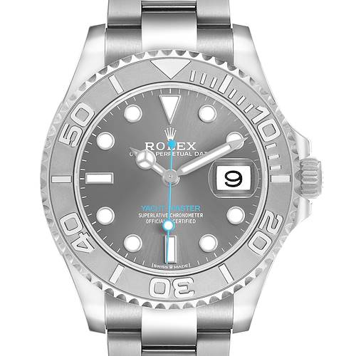 The Rolex Yacht-Master 268622 Men's Stainless Steel Silver Dial watch is shown from a front angle, highlighting the bezel, dial, hands, and date window.