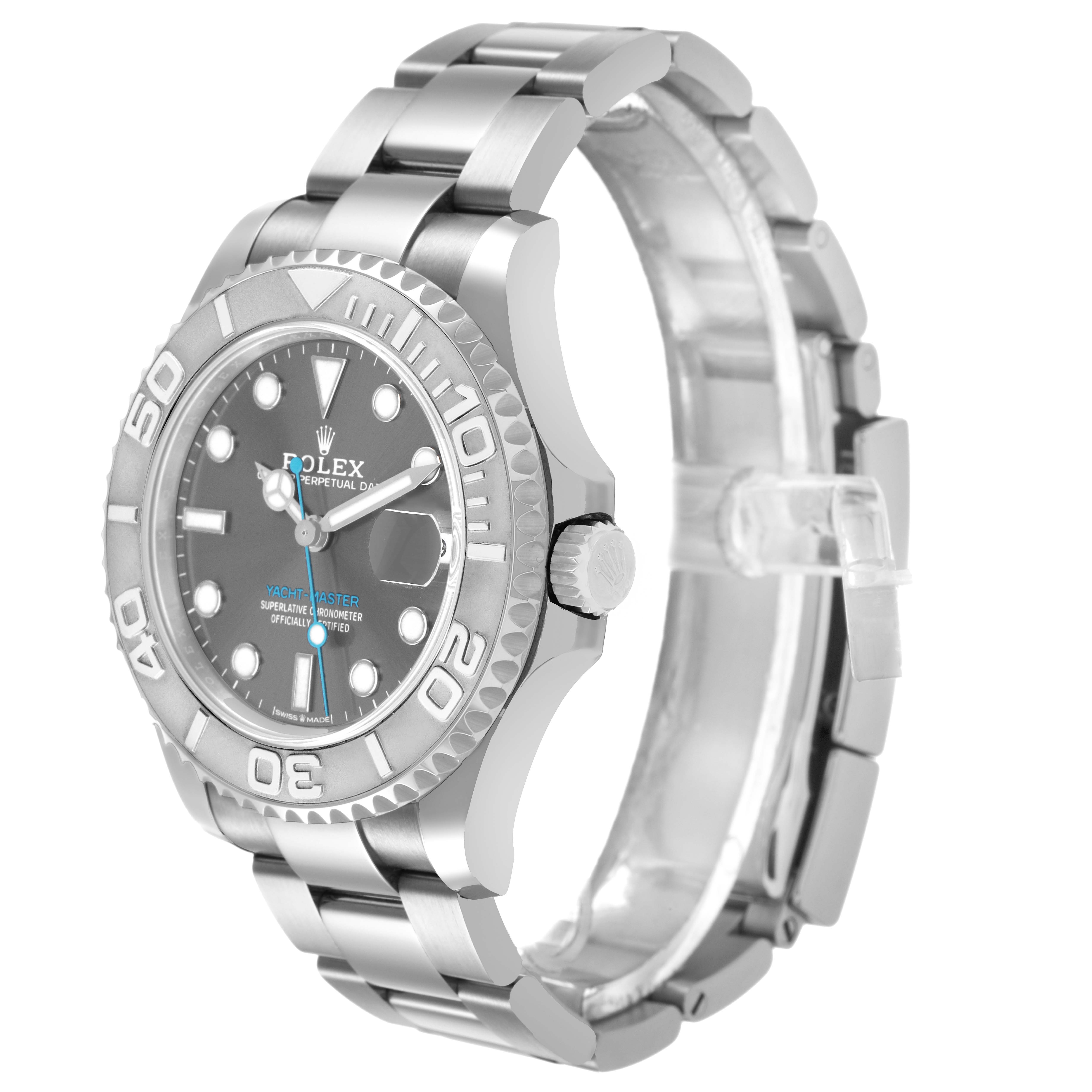 The Rolex Yacht-Master 268622 Men's Stainless Steel Silver Dial watch is shown at a three-quarter angle, highlighting the face, bezel, and bracelet.