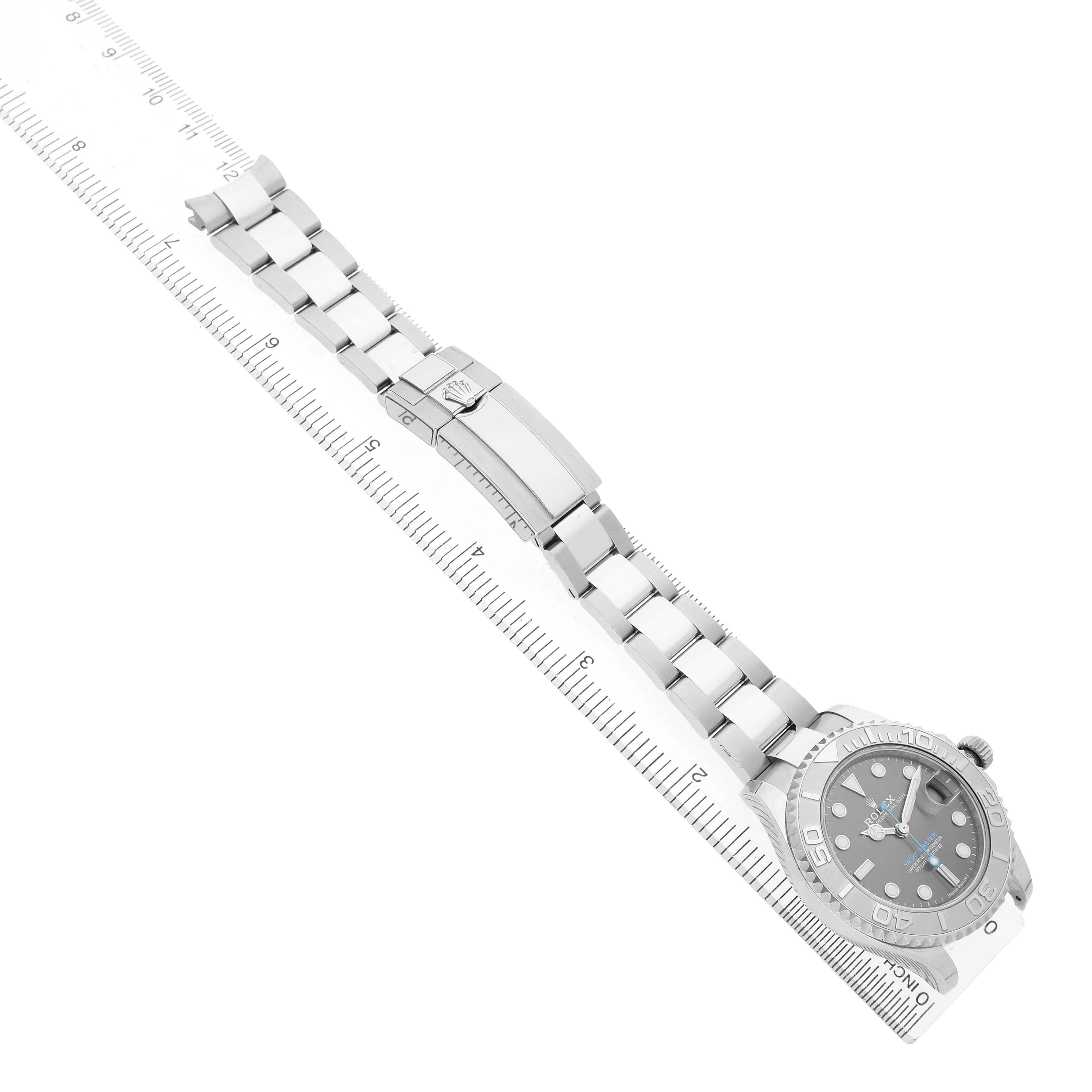 The Rolex Yacht-Master 268622 Men's Stainless Steel Silver Dial watch is shown at an angle, highlighting its face, bezel, full bracelet, and clasp.
