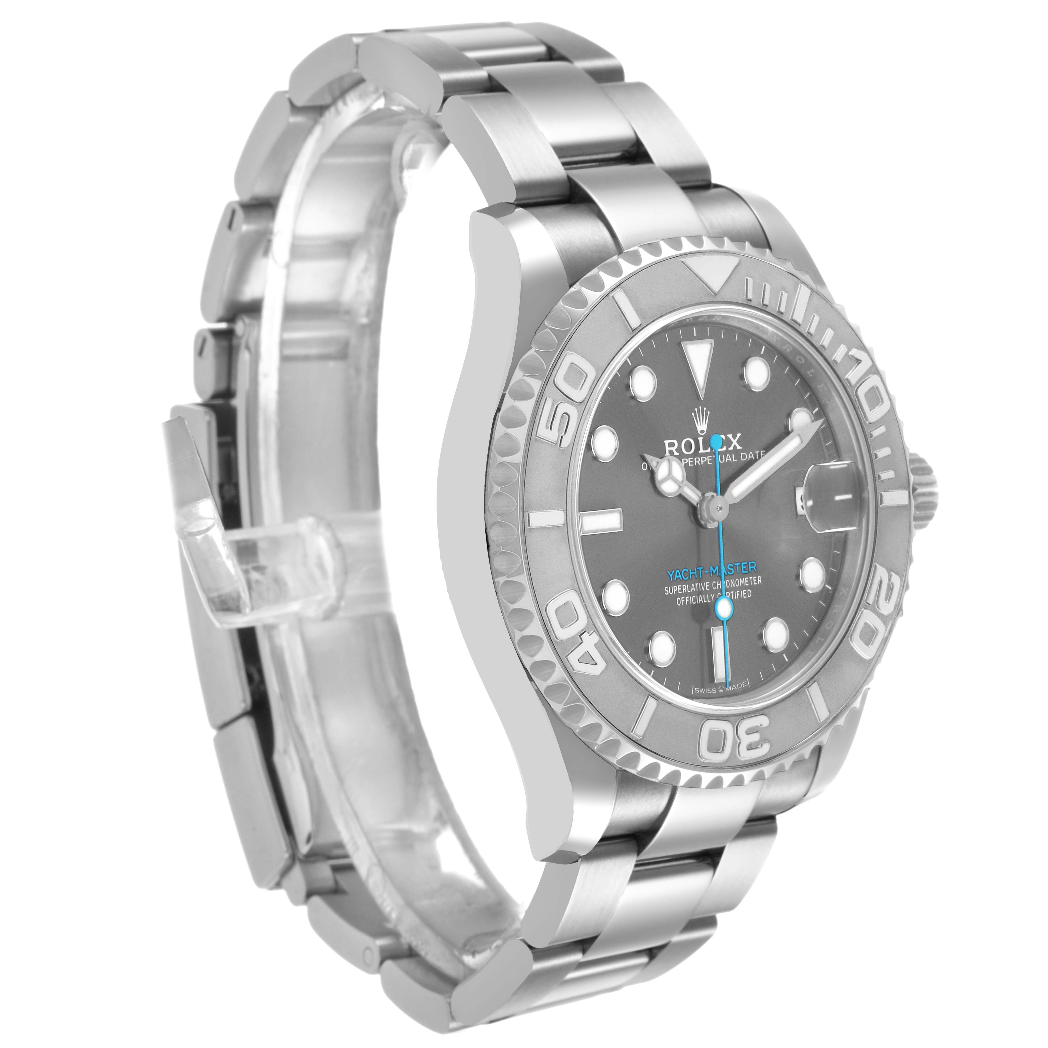 The Rolex Yacht-Master 268622 Men's Stainless Steel Silver Dial watch is shown from a three-quarter angle, highlighting the bezel, dial, and bracelet.