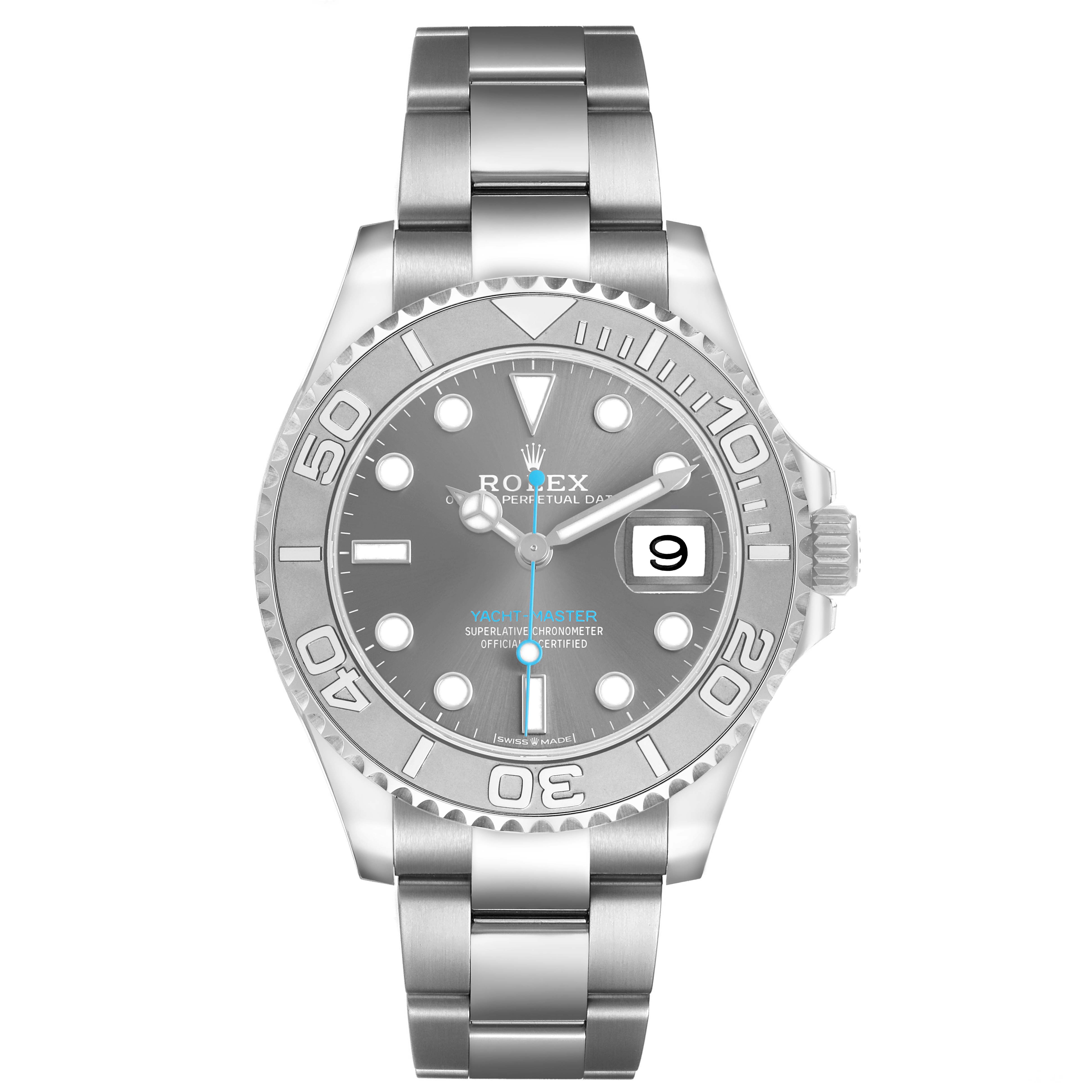 The Rolex Yacht-Master 268622 Men's Stainless Steel Silver Dial watch is shown from a top-down angle, highlighting the face, bezel, and metal bracelet.