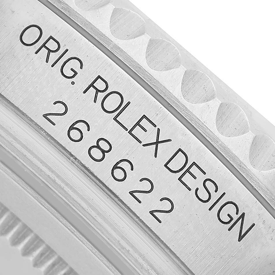 The image shows a close-up of the bezel and engraved lettering on the Rolex Yacht-Master 268622 Men's Stainless Steel Silver Dial.