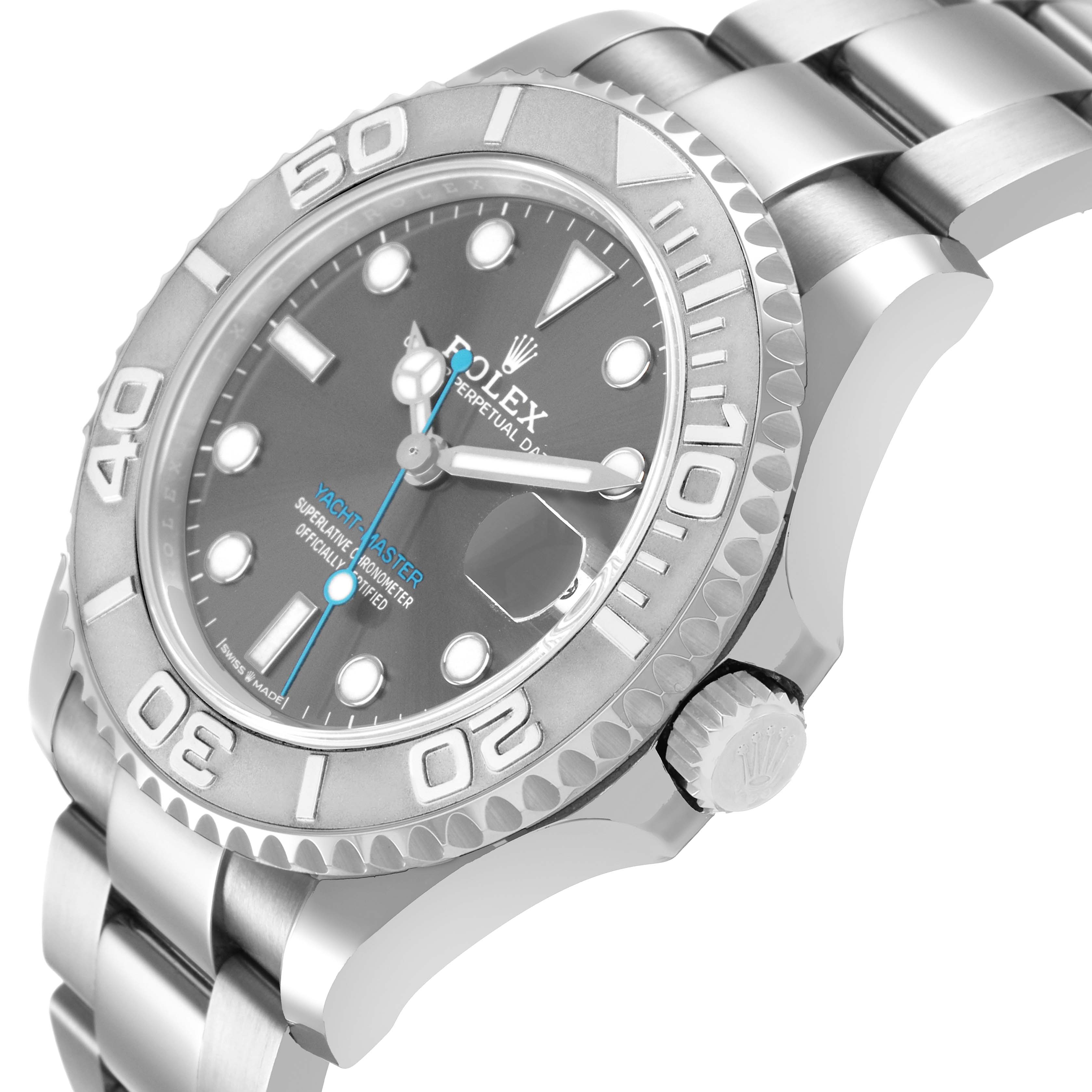 The Rolex Yacht-Master 268622 Men's Stainless Steel Silver Dial watch is shown at an angled close-up revealing the dial, bezel, crown, and part of the bracelet.